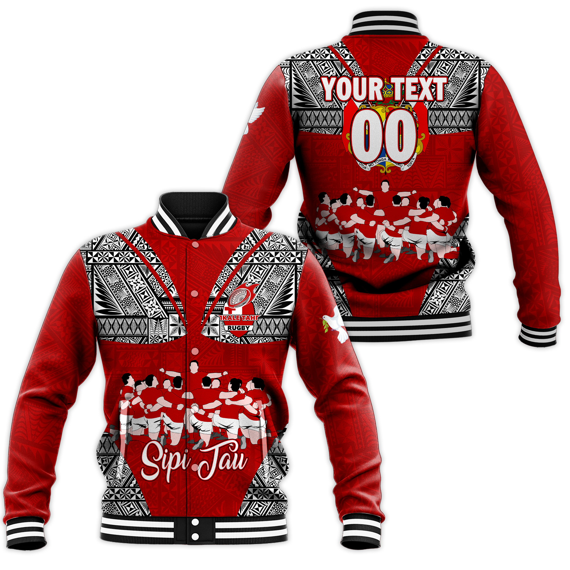 (Custom Personalised) Tonga Rugby Ikale Tahi Sipi Tau Baseball Jacket - LT2 Unisex RED - Polynesian Pride