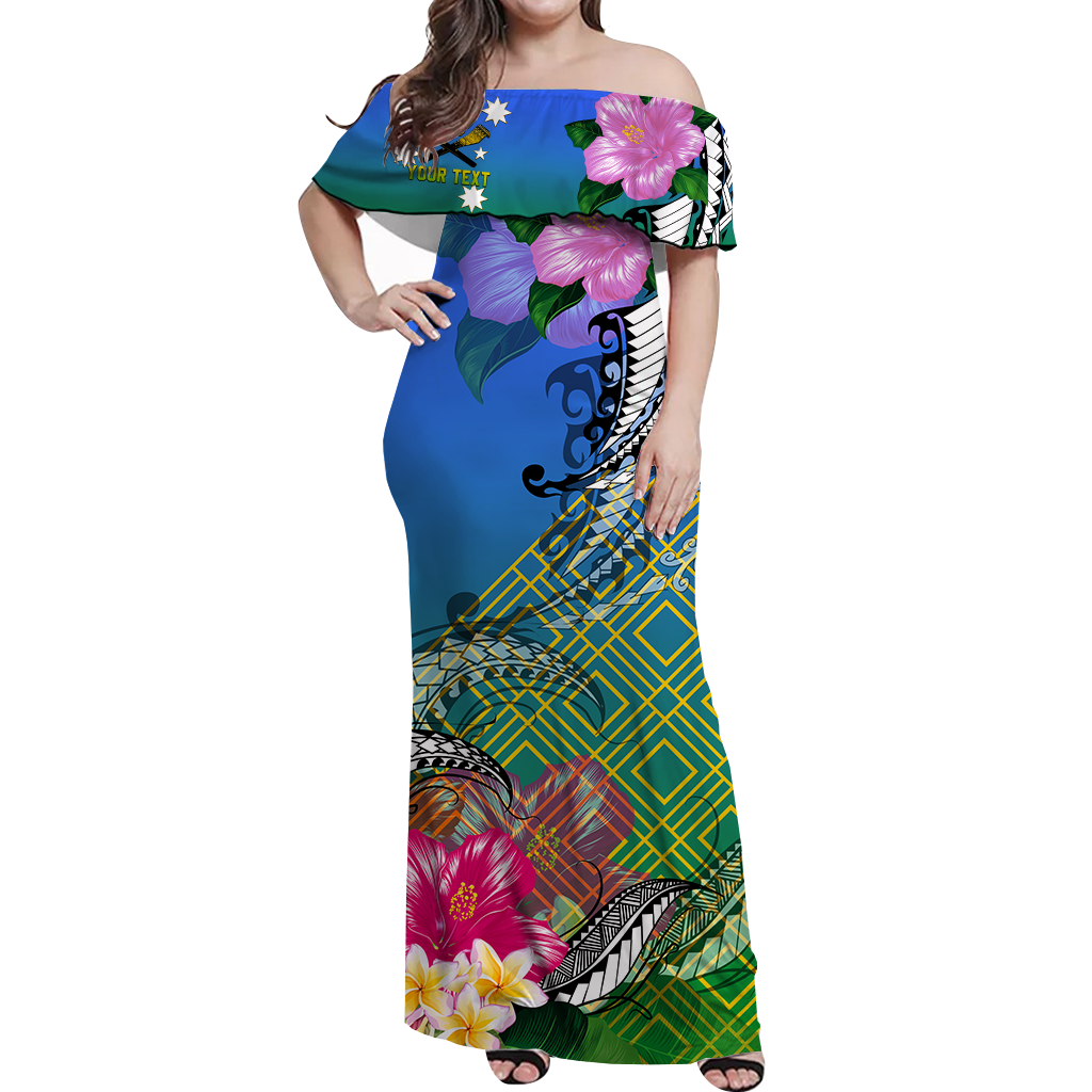 (Custom Personalised) South Sea Islanders Kanakas Hibiscus Polynesia Off Shoulder Long Dress - LT2 Women BLUE - Polynesian Pride