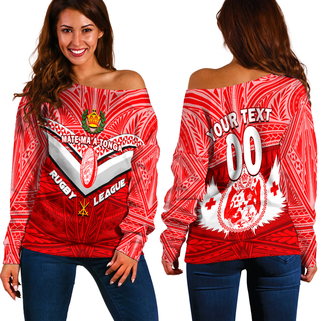 (Custom Personalised) Tonga Rugby Mate Ma'a Tonga Tapa Pattern Women Off Shoulder Sweater - LT2 Women RED - Polynesian Pride