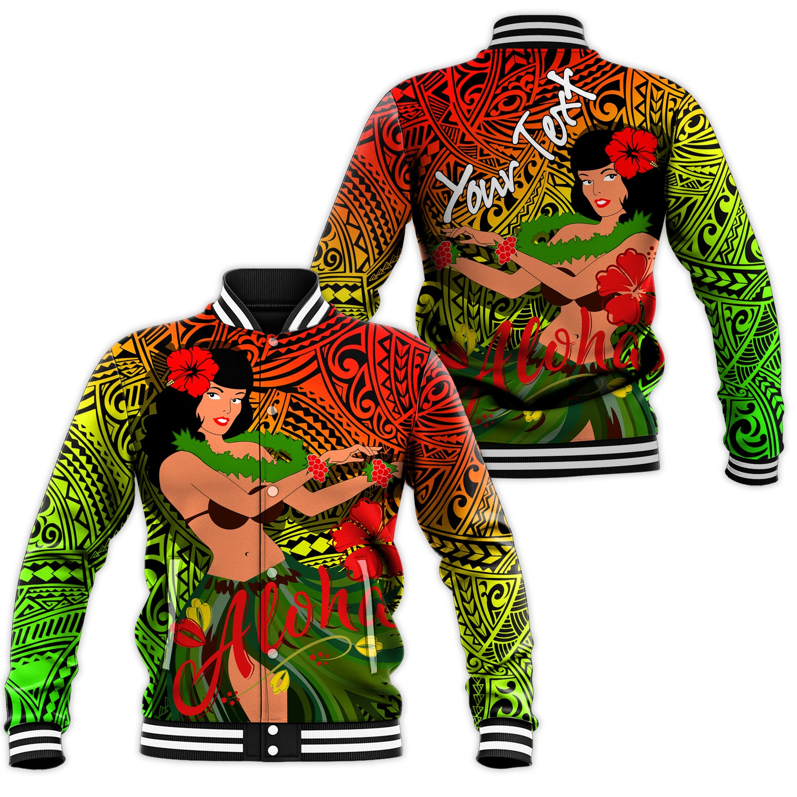 (Custom Personalised) Hawaii Hula Girl Reggae Baseball Jacket - LT2 Unisex REGGEA - Polynesian Pride