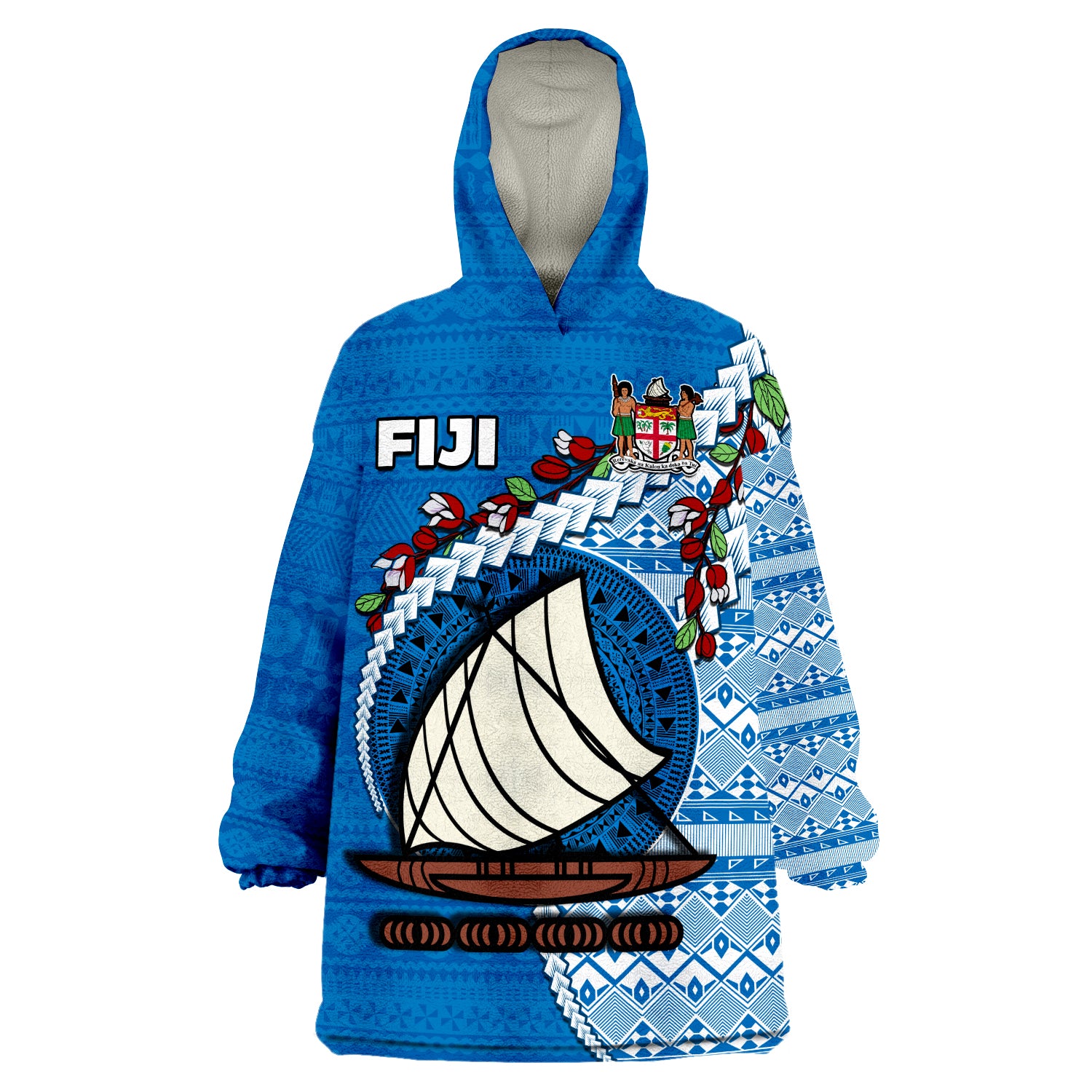 (Custom Personalised) Fiji Fijian Drua Mix Tagimaucia Flower Blue Style Wearable Blanket Hoodie LT14 Unisex One Size - Polynesian Pride