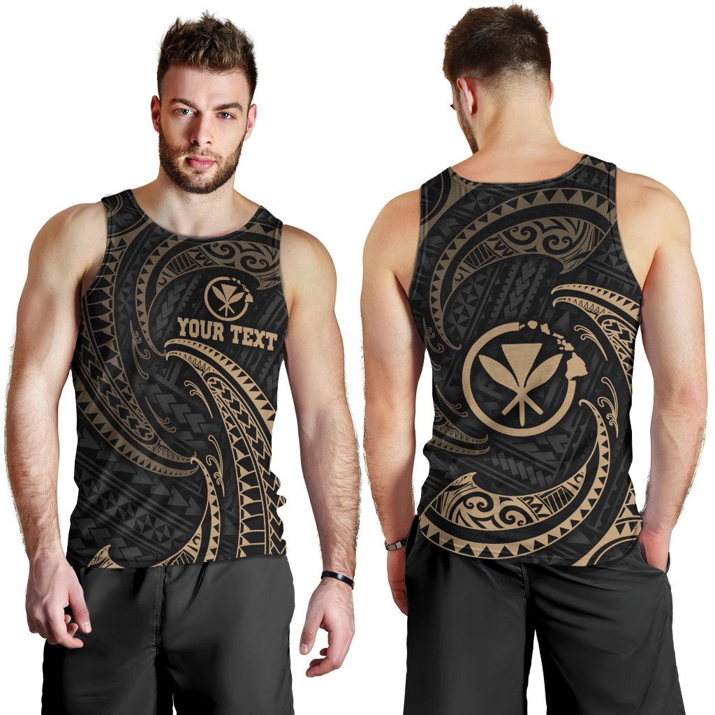 Hawaii Polynesian Custom Personalised Men's Tank Top - Gold Tribal Wave Black - Polynesian Pride