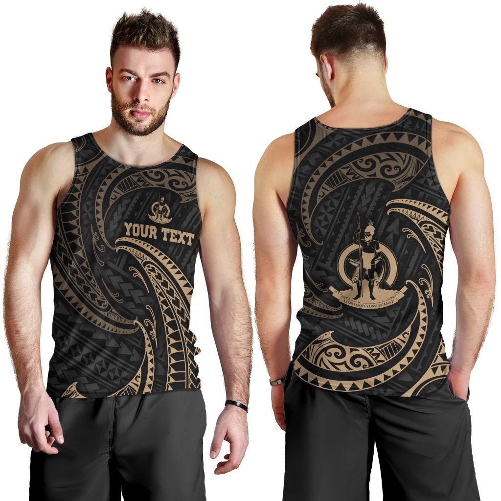 Vanuatu Polynesian Custom Personalised Men's Tank Top - Gold Tribal Wave Black - Polynesian Pride