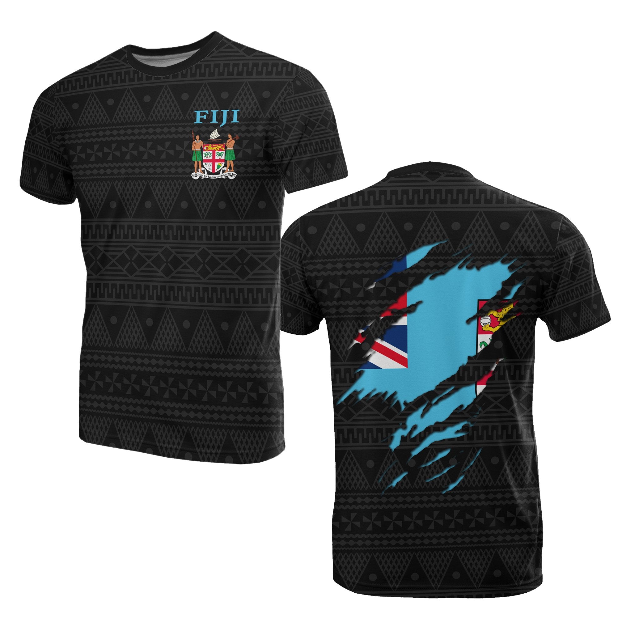 Fiji Tapa All Over Print T Shirt Fiji Flag Coat of Arms Unisex Black - Polynesian Pride