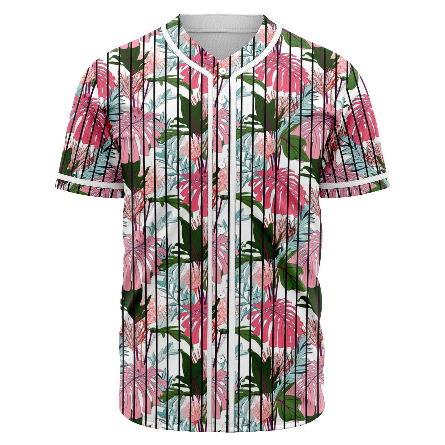 Pink Monstera And Green Tropical Leaves White Baseball Jersey Black - Polynesian Pride