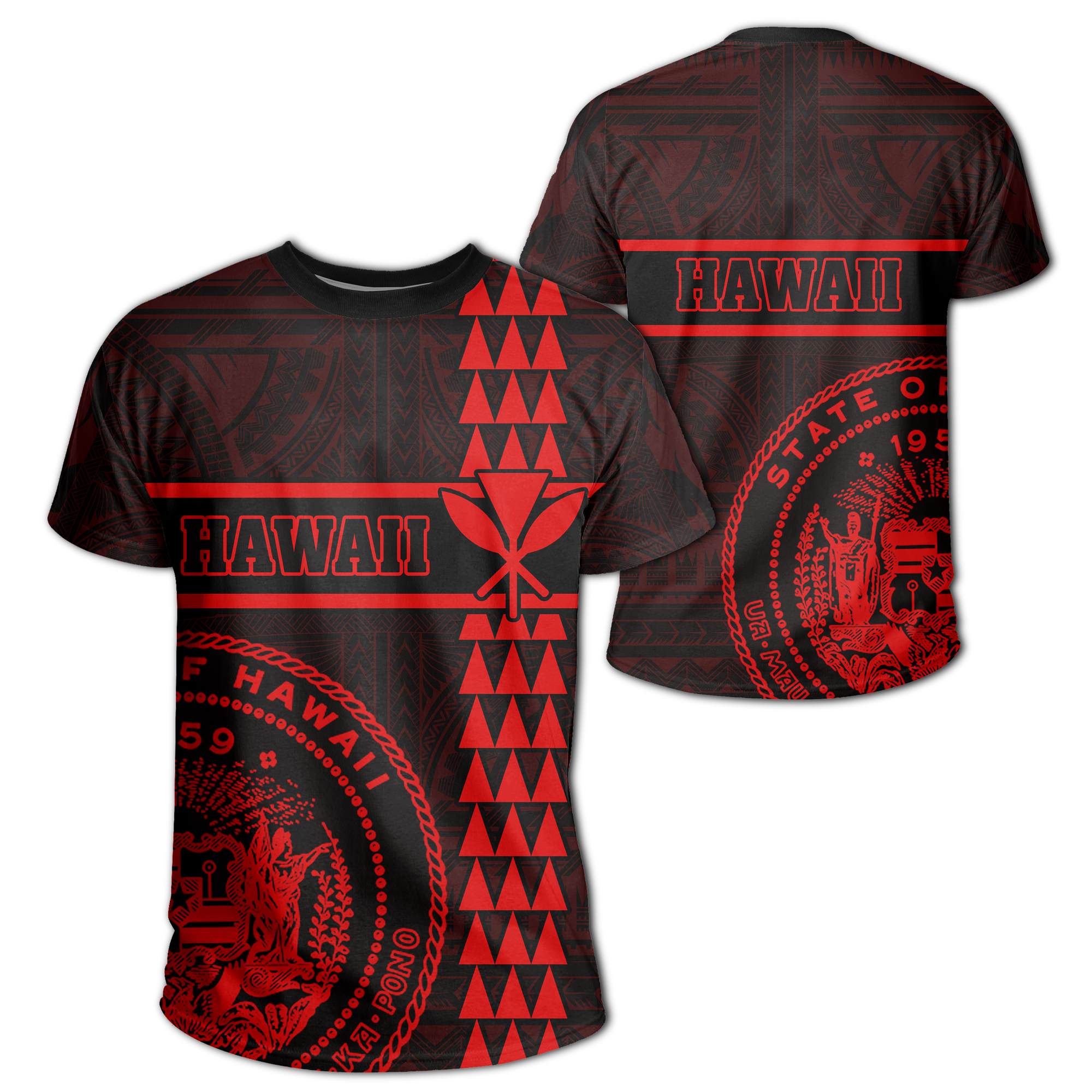 Hawaii Coat of Arms Kanaka Polynesian T Shirt Red Unisex Red - Polynesian Pride