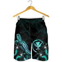 Hawaii Polynesian Men's Shorts - Turtle With Blooming Hibiscus Turquoise - Polynesian Pride