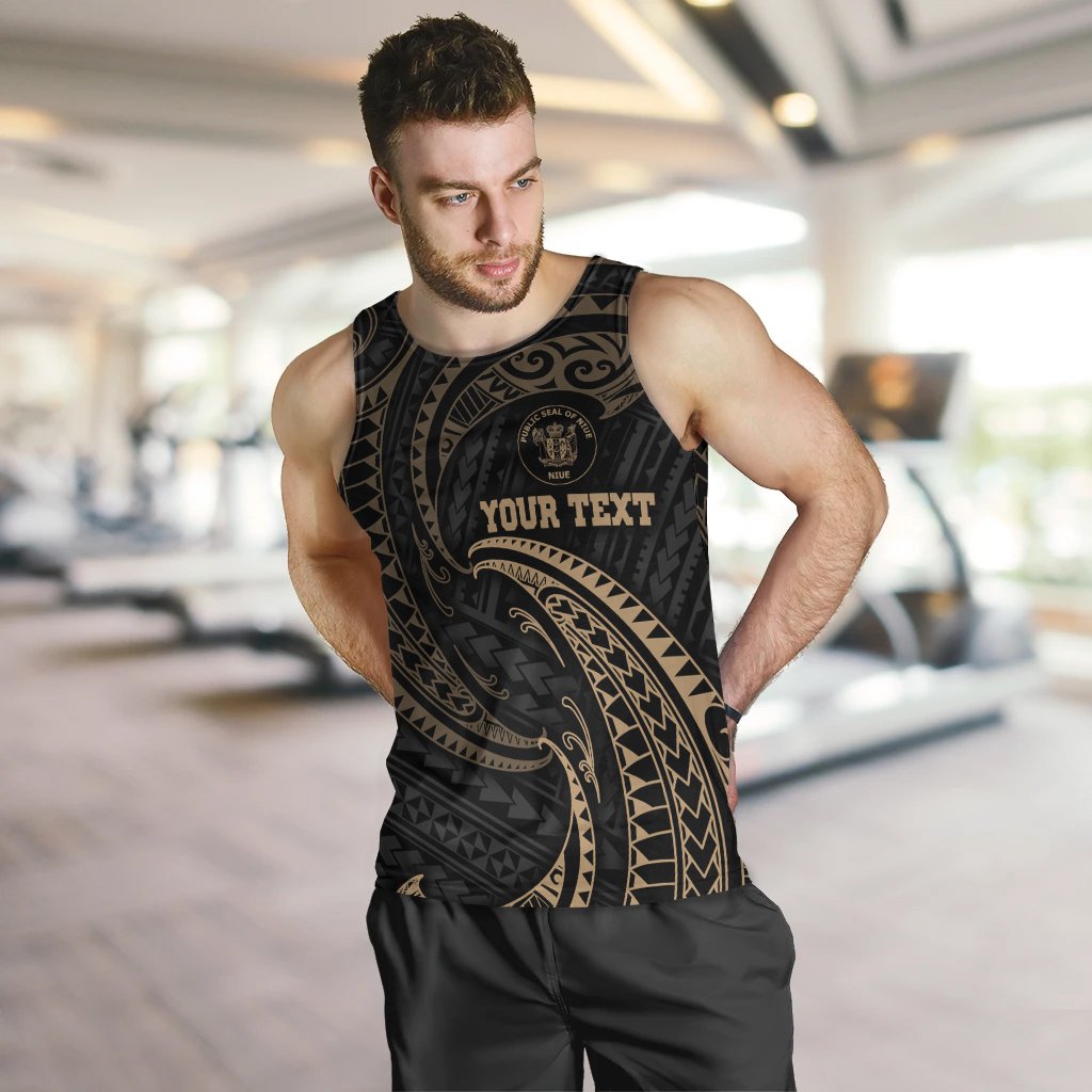 Niue Polynesian Custom Personalised Men's Tank Top - Gold Tribal Wave - Polynesian Pride
