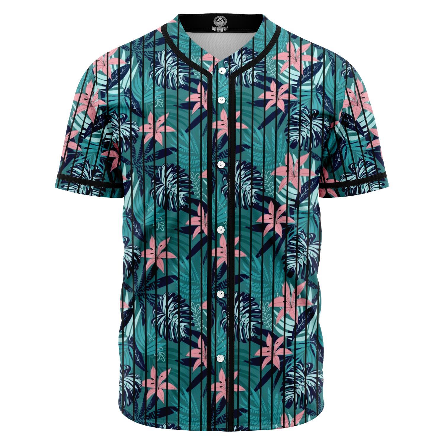 Hawaii Tropical Monstera Leaf Blue Baseball Jersey Black - Polynesian Pride