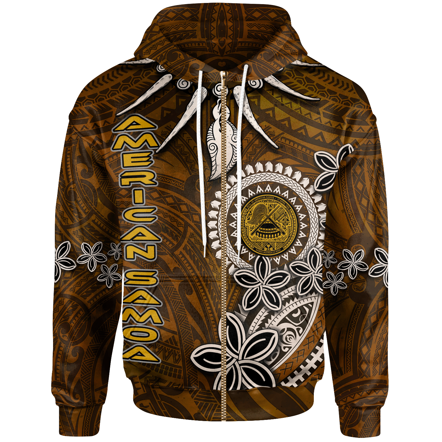 American Samoa Zip Hoodie Polynesian Boar Tusk Unisex Brown - Polynesian Pride