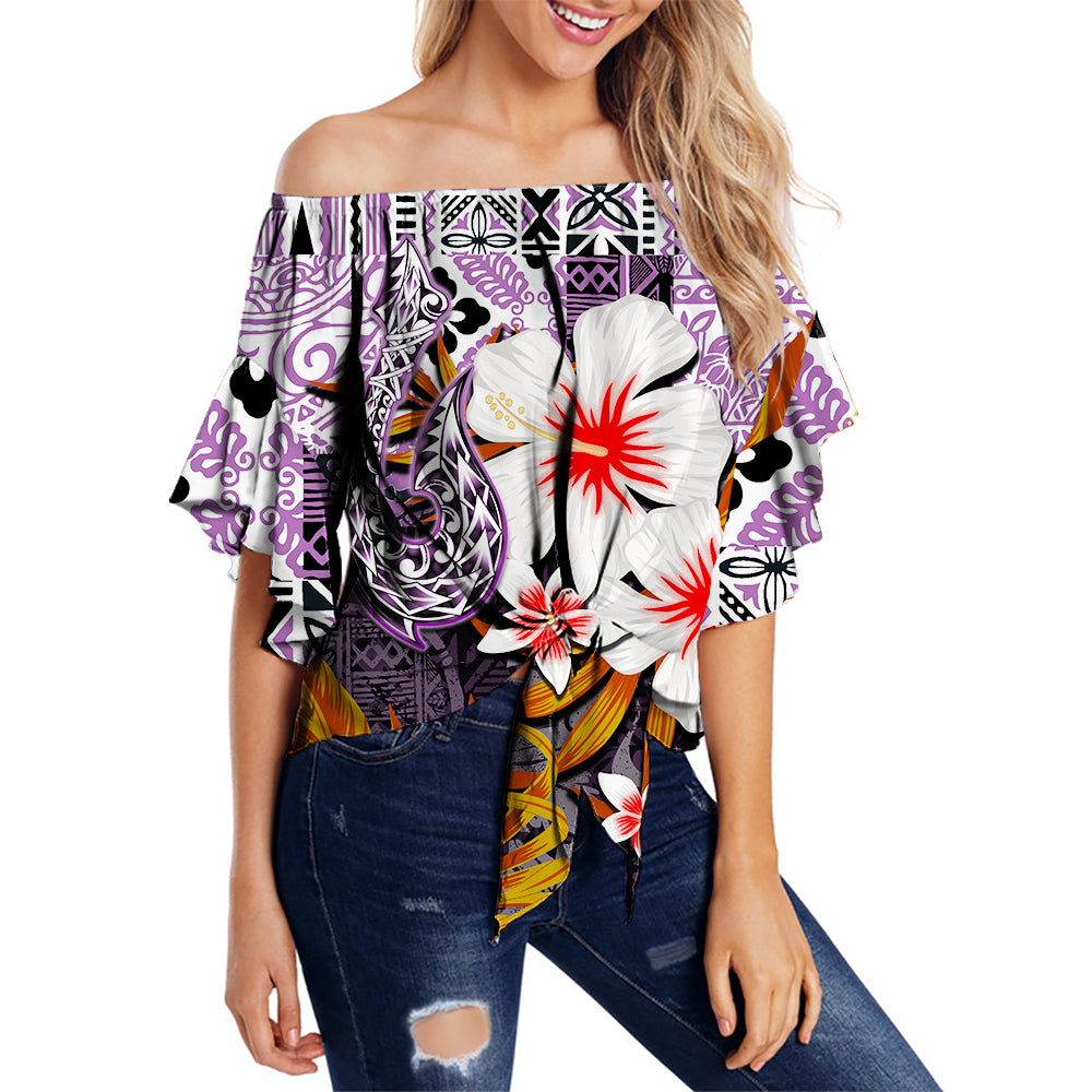 Hawaii Fish Hook Off Shoulder Waist Wrap Top Purple Style LT6 Female Purple - Polynesian Pride