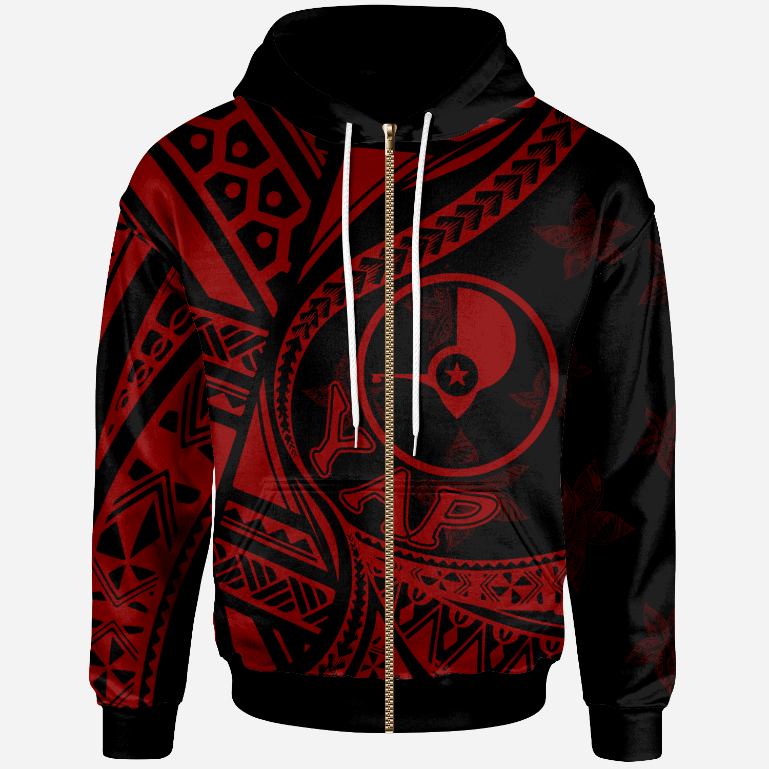 Yap Zip Hoodie Plumeria Flowers Red Version Unisex Black - Polynesian Pride