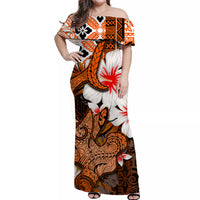 Hammerhead shark Off Shoulder Long Dress Hawaii Style Orange LT6 Long Dress Orange - Polynesian Pride