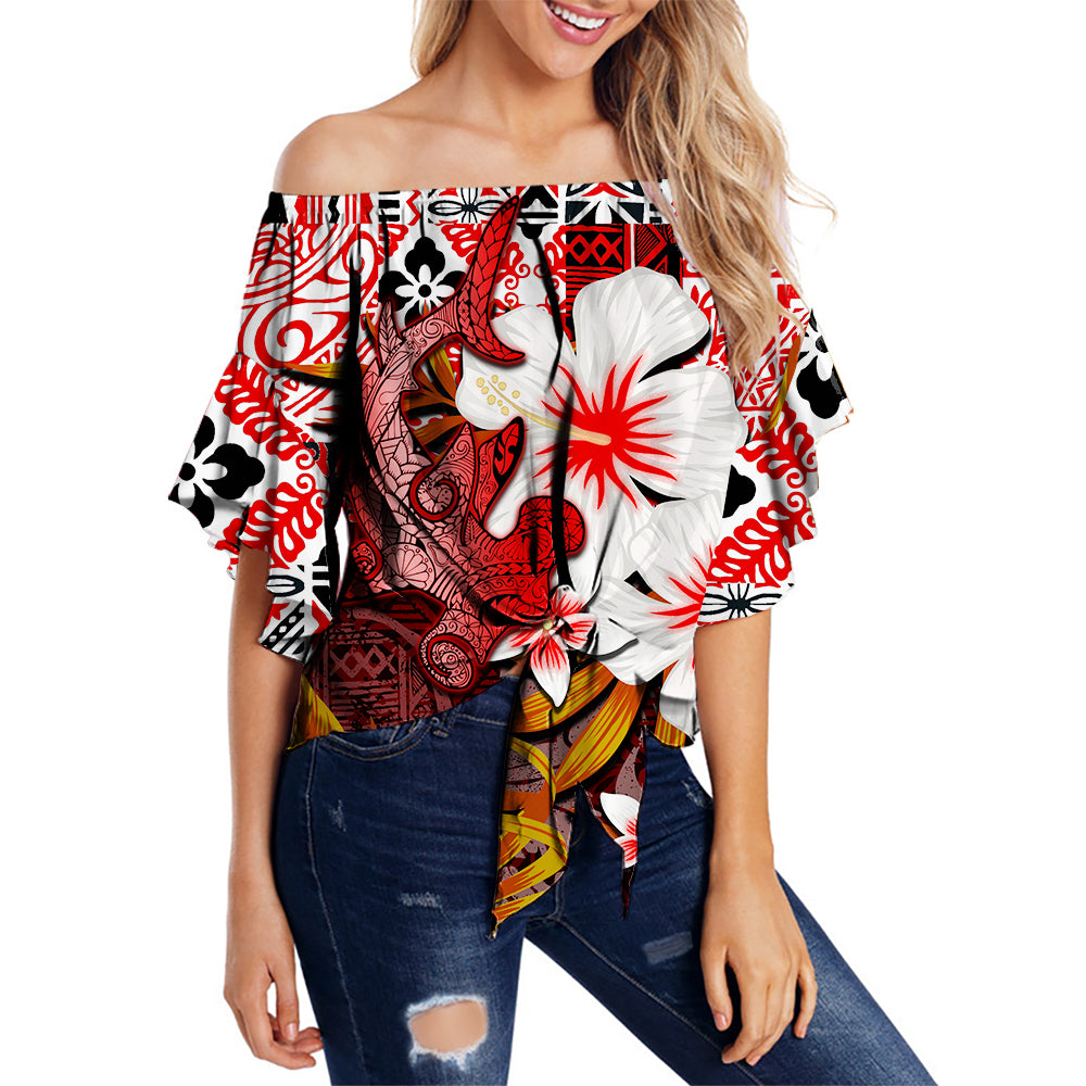 Hawaii Shark Off Shoulder Waist Wrap Top Red Style LT6 Female Red - Polynesian Pride