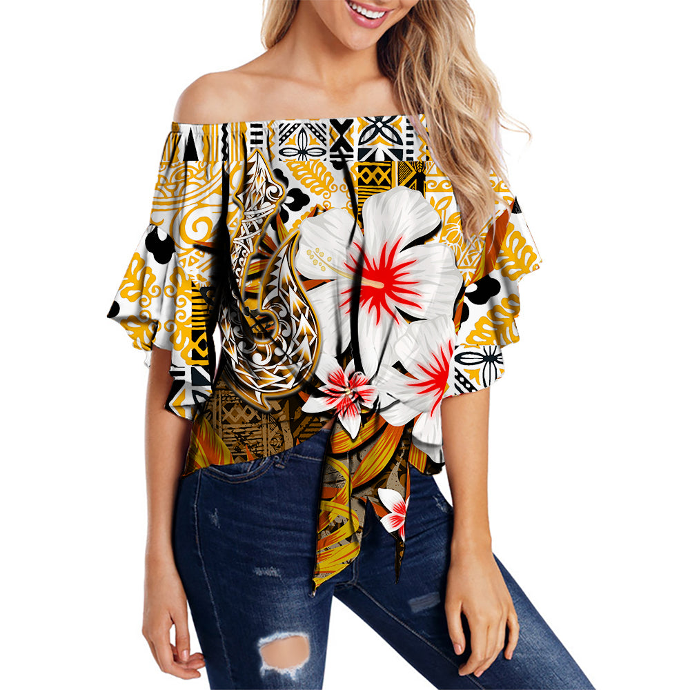 Hawaii Fish Hook Off Shoulder Waist Wrap Top Orange Style LT6 Female Orange - Polynesian Pride