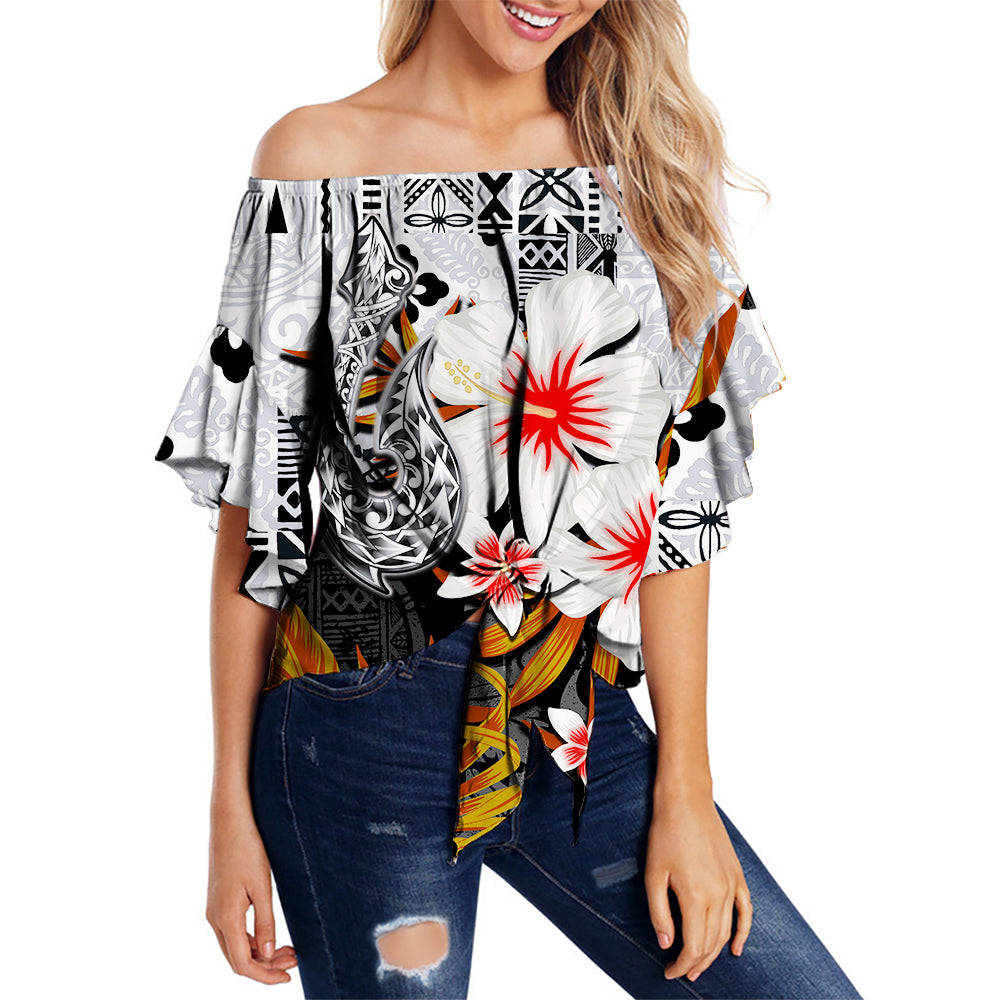 Hawaii Fish Hook Off Shoulder Waist Wrap Top Black Style LT6 Female Black - Polynesian Pride