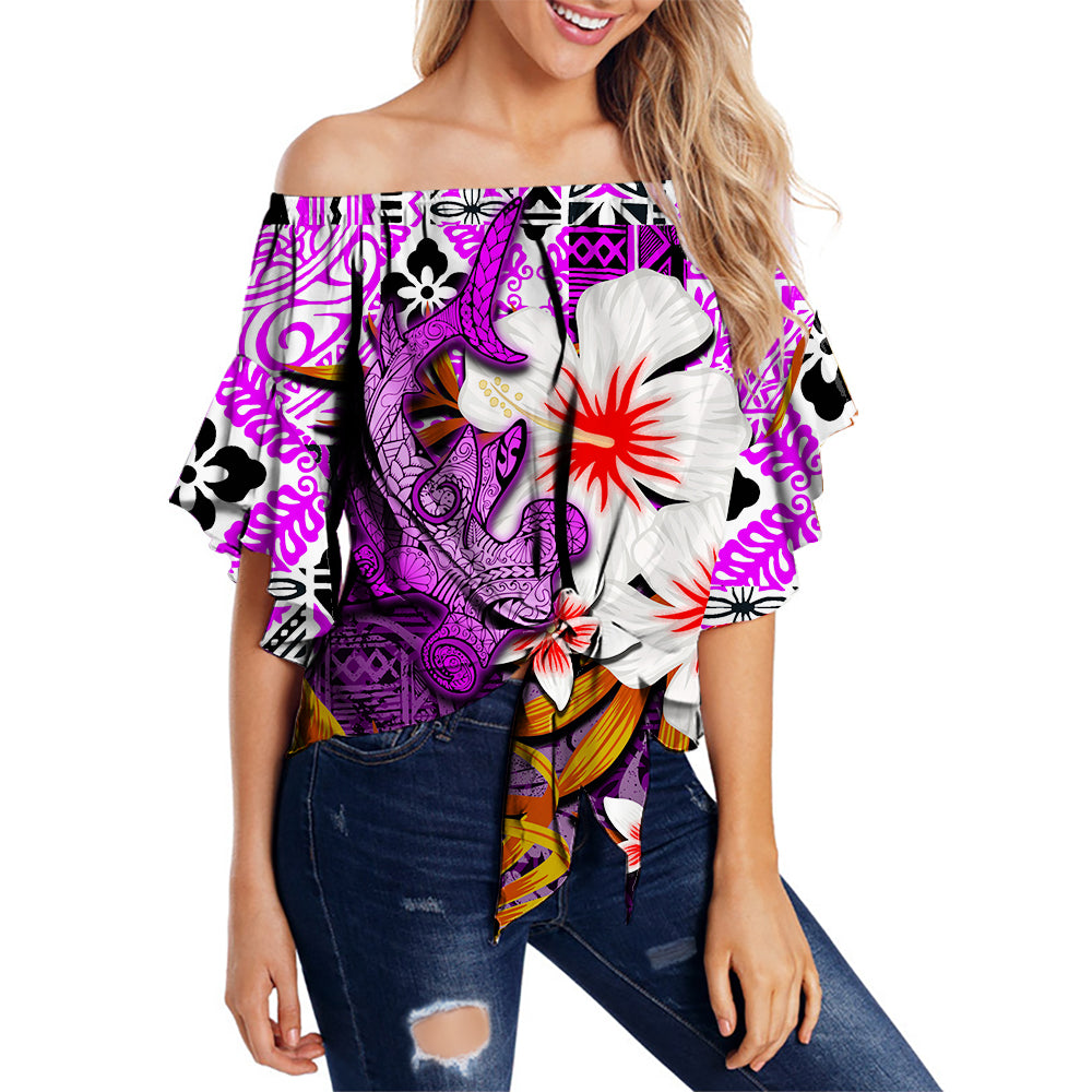 Hawaii Shark Off Shoulder Waist Wrap Top Purple Style LT6 Female Purple - Polynesian Pride