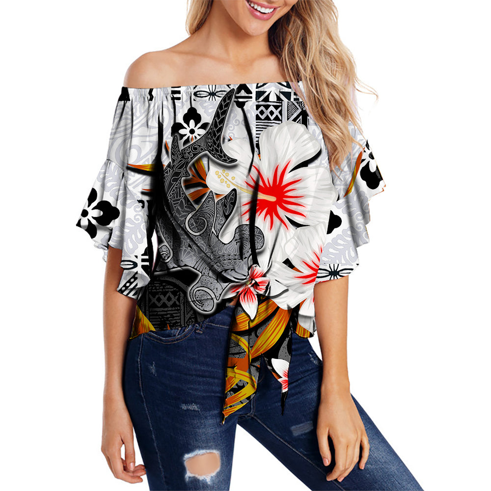 Hawaii Shark Off Shoulder Waist Wrap Top Black Style LT6 Female Black - Polynesian Pride