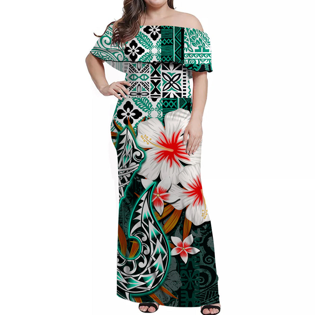 Hawaii Fish Hook Off Shoulder Long Dress Green Style LT6 Long Dress Green - Polynesian Pride