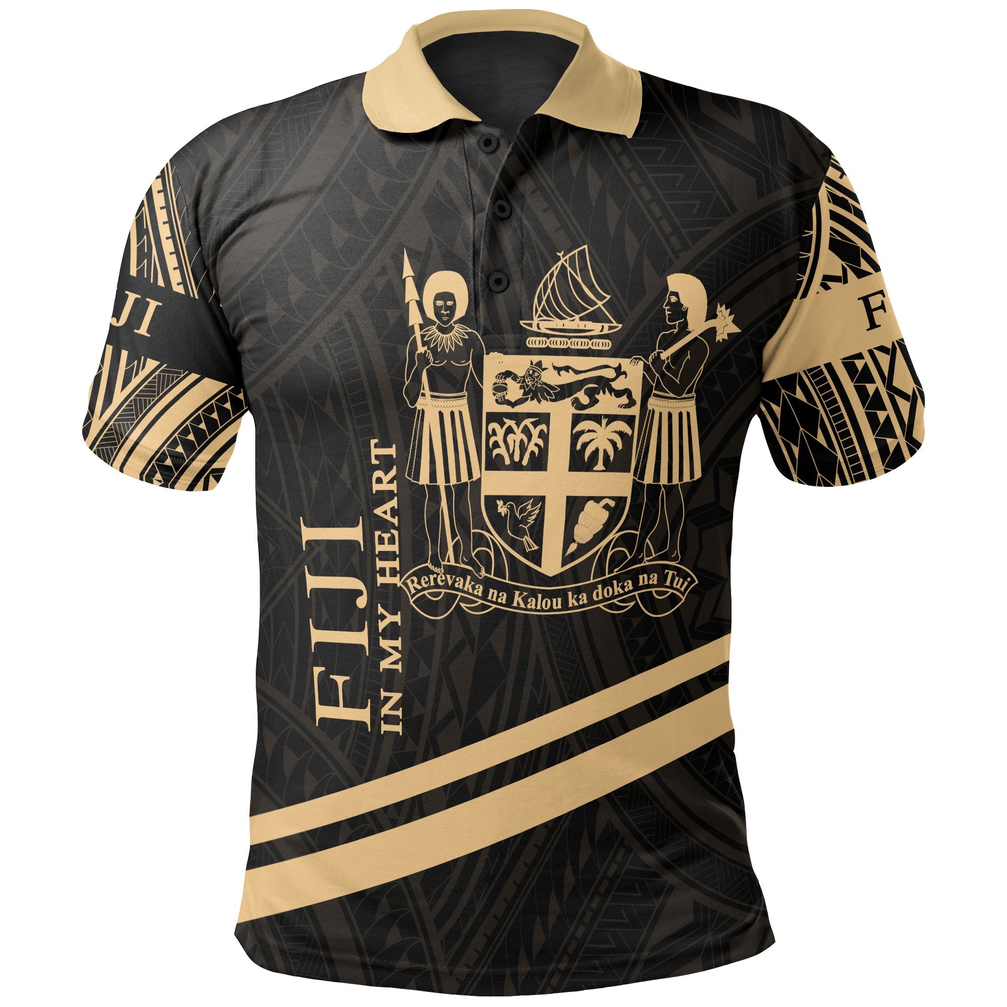 Fiji Polo Shirt In My Heart Style Gold Polynesian Patterns Unisex Black - Polynesian Pride