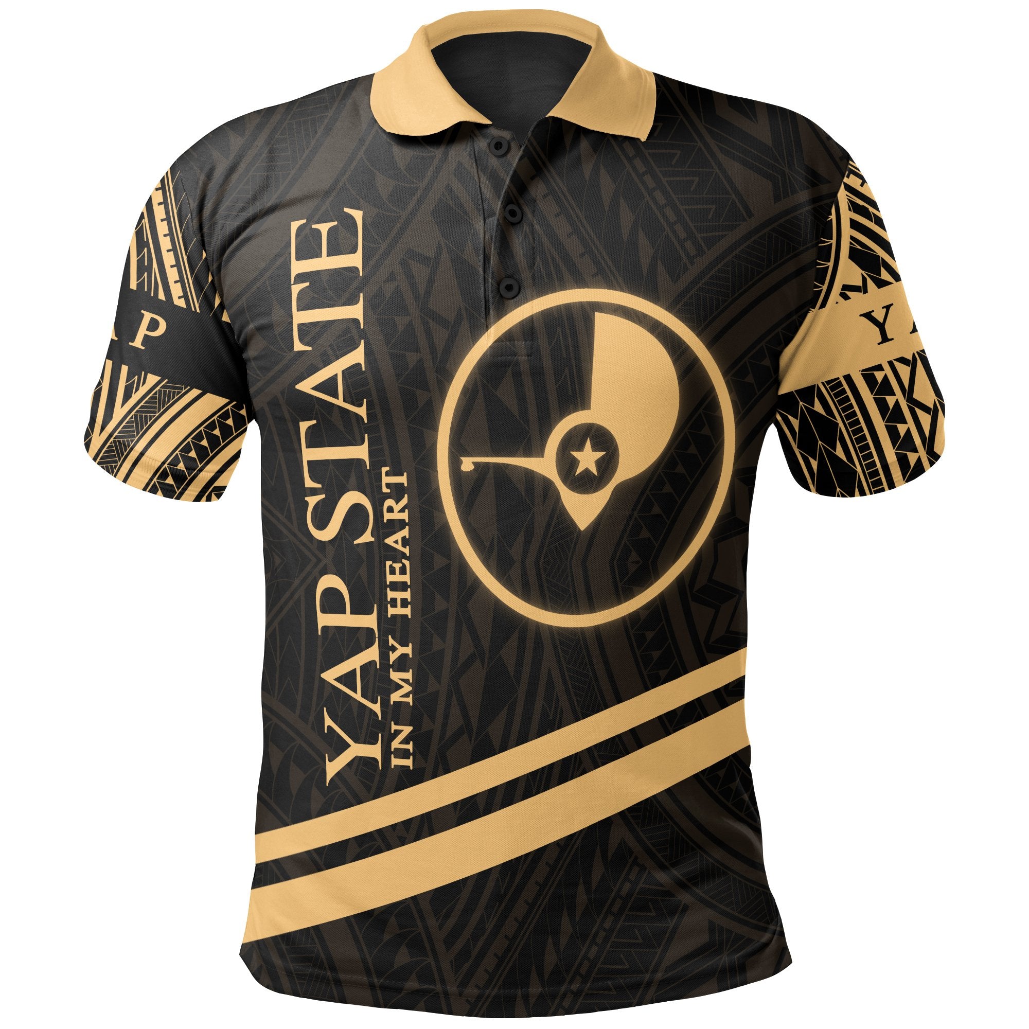 Yap State Polo Shirt In My Heart Style Gold Polynesian Patterns Unisex Black - Polynesian Pride