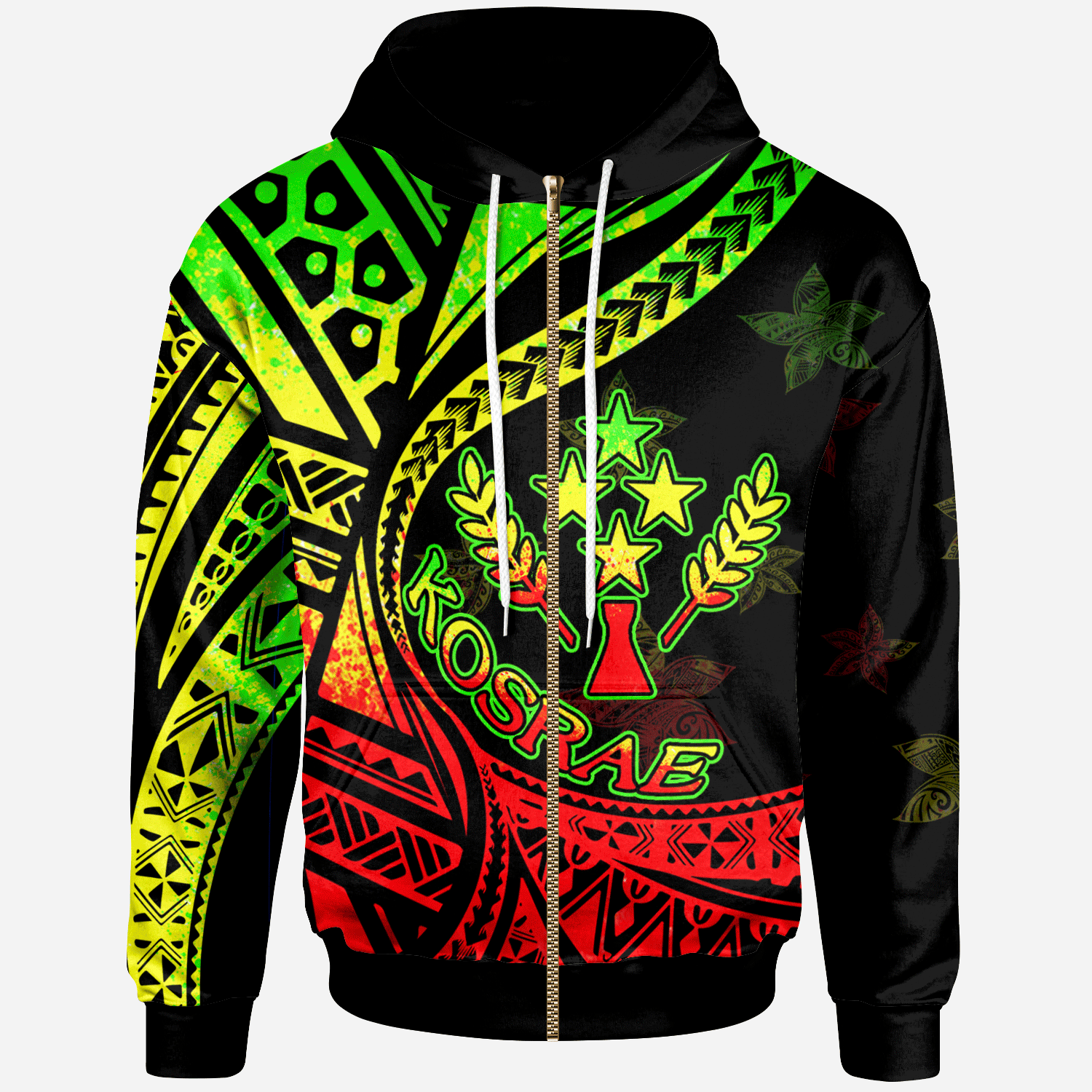 Kosrae Zip Hoodie Plumeria Flowers Raggage Version Unisex Black - Polynesian Pride