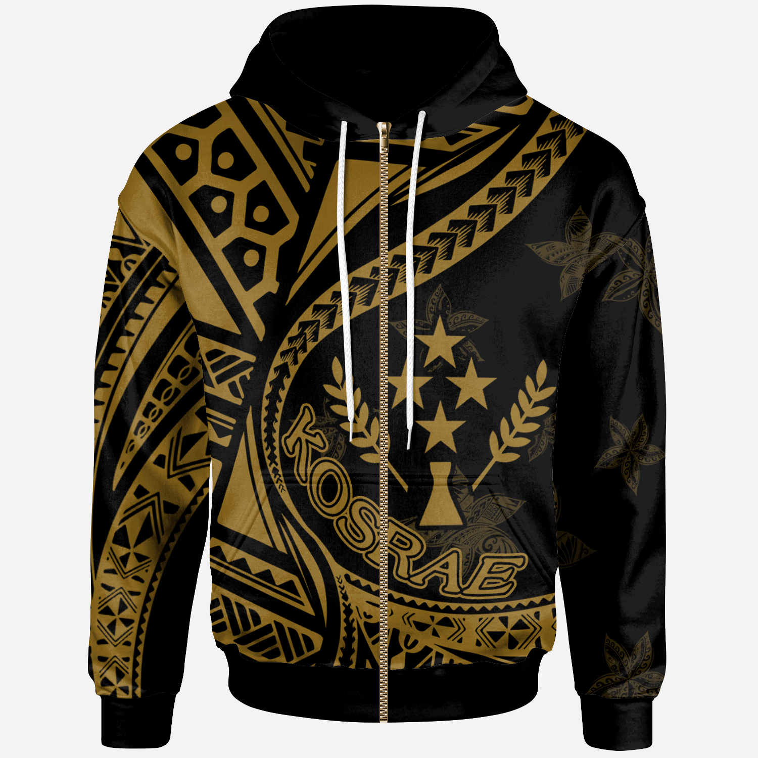 Kosrae Zip Hoodie Plumeria Flowers Gold Version Unisex Black - Polynesian Pride