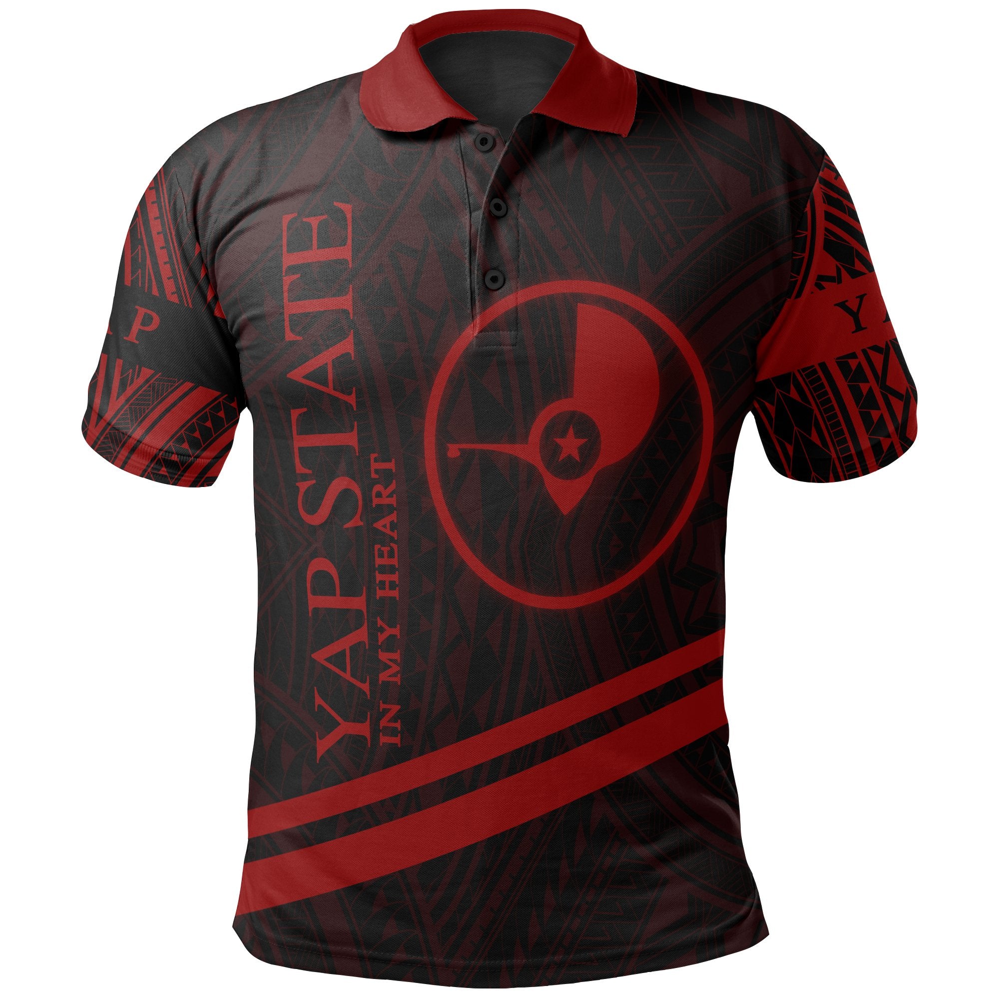 Yap State Polo Shirt In My Heart Style Red Polynesian Patterns Unisex Black - Polynesian Pride