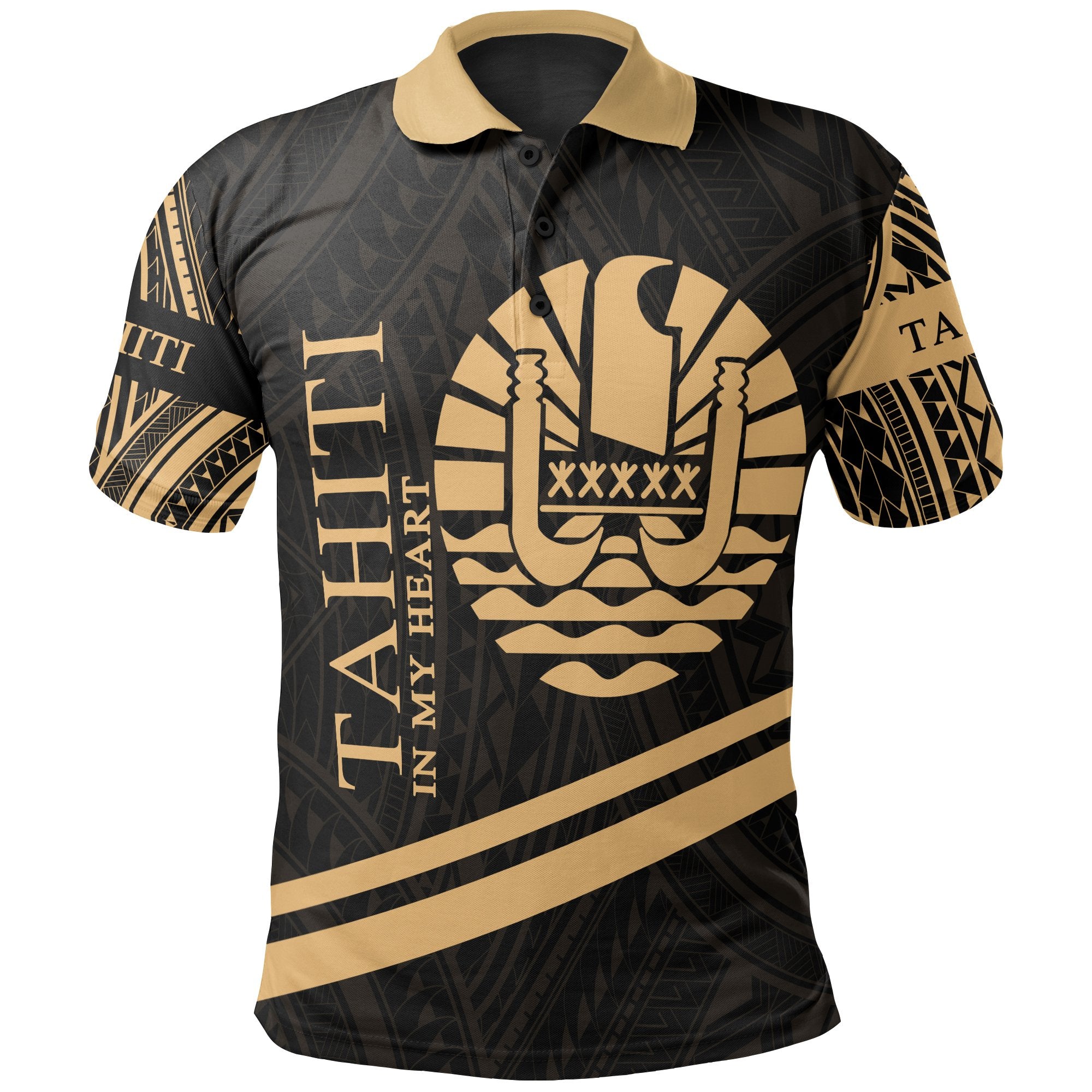 Tahiti Polo Shirt In My Heart Style Gold Polynesian Patterns Unisex Black - Polynesian Pride