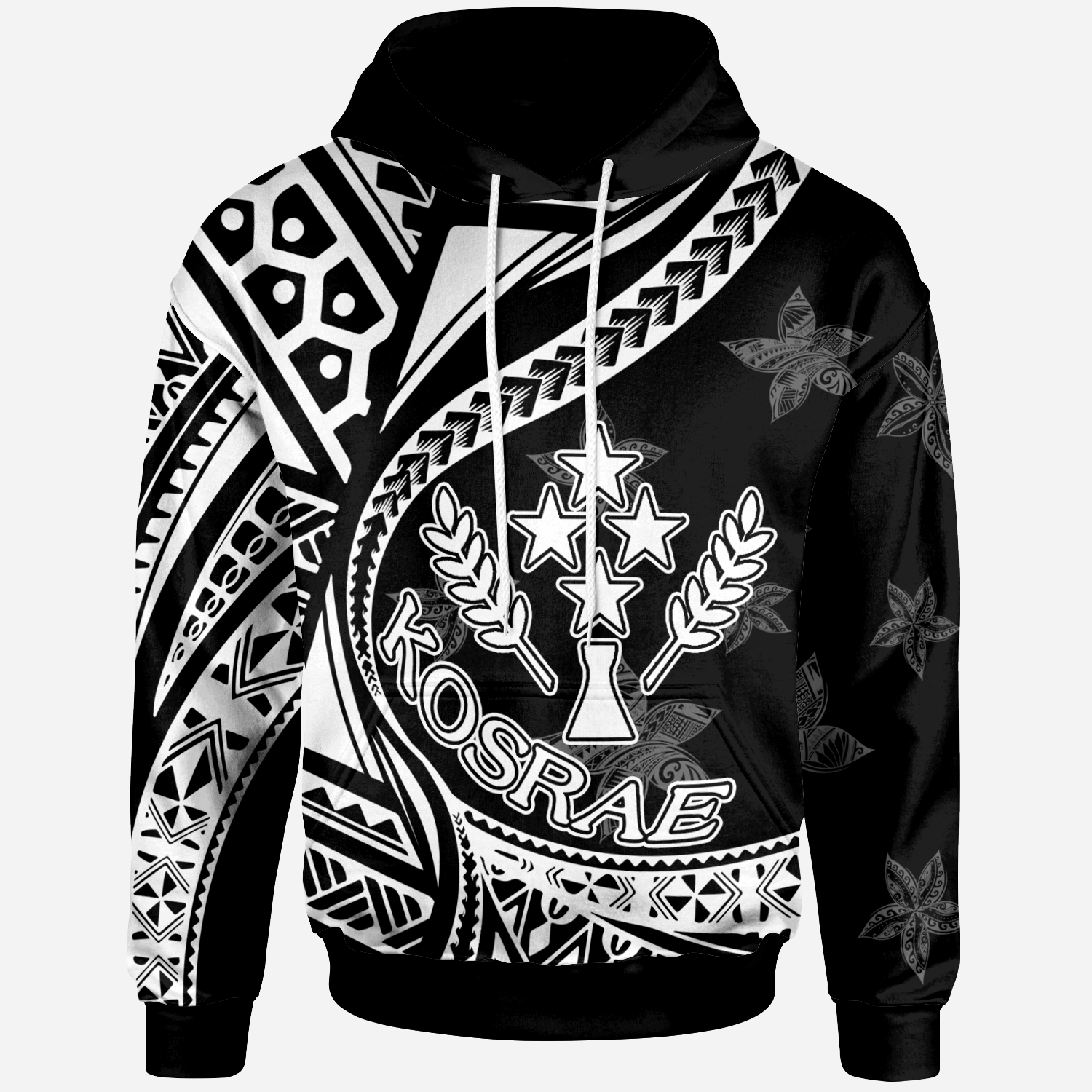 Kosrae Hoodie Plumeria Flowers White Version Unisex Black - Polynesian Pride