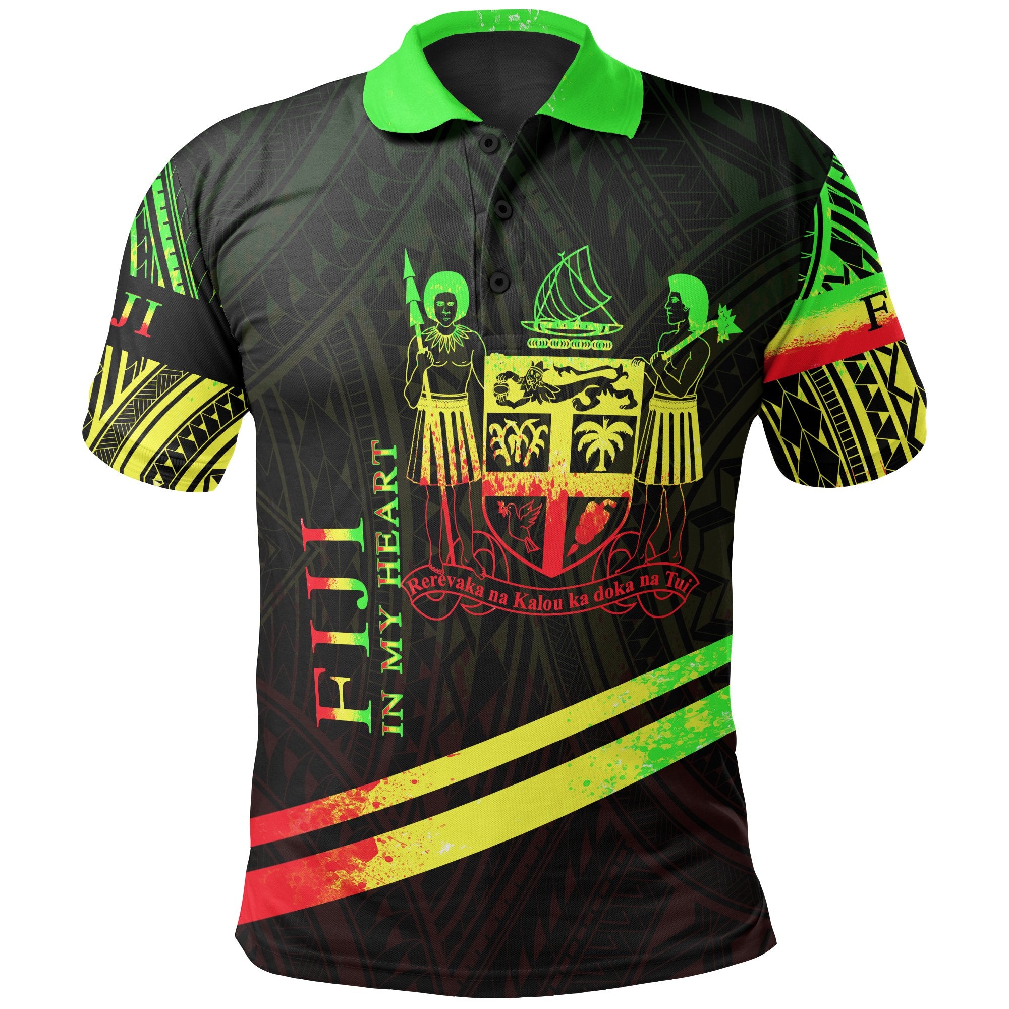 Fiji Polo Shirt In My Heart Style Reggae Polynesian Patterns Unisex Black - Polynesian Pride