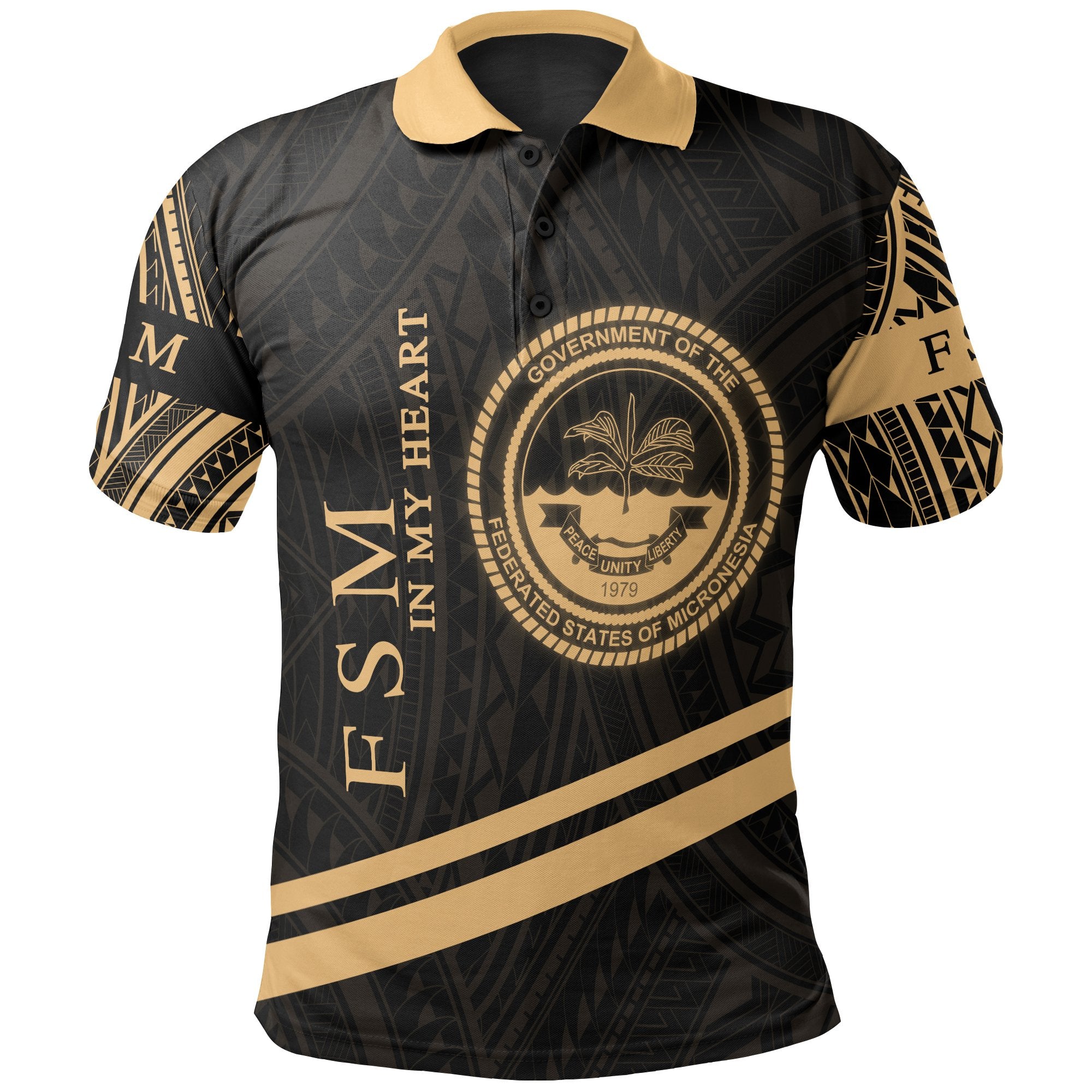 Federated States of Micronesia Polo Shirt In My Heart Style Gold Polynesian Patterns Unisex Black - Polynesian Pride