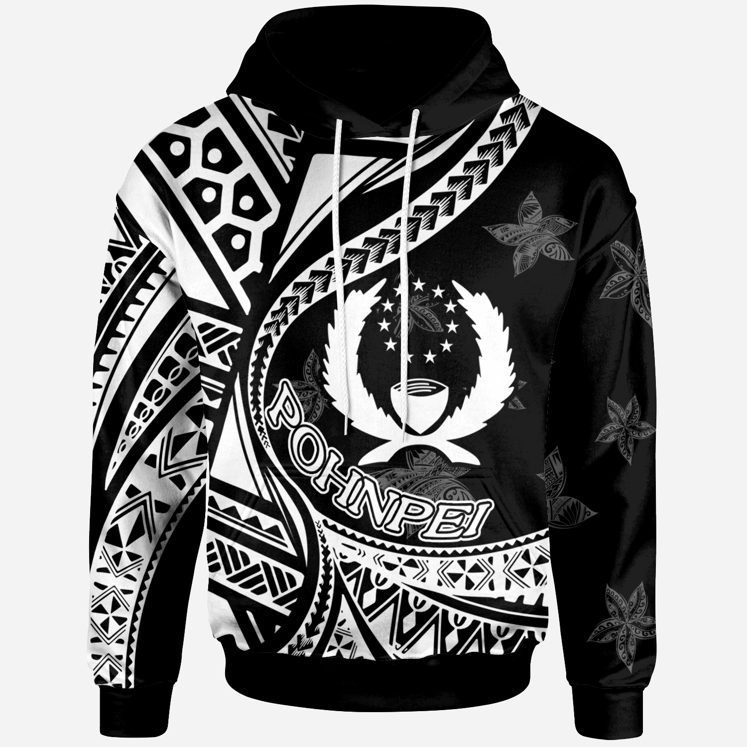 Pohnpei Hoodie Plumeria Flowers White Version Unisex Black - Polynesian Pride