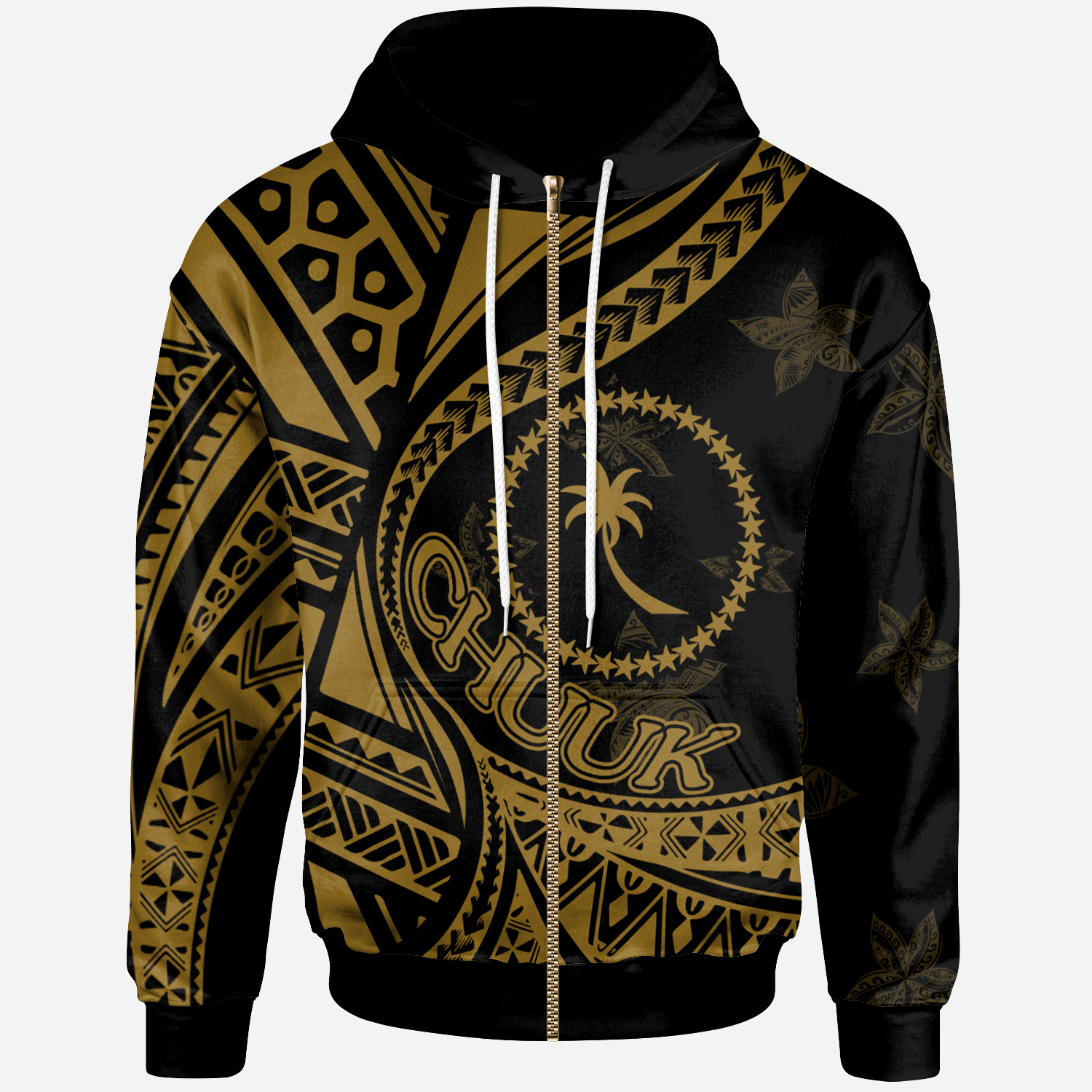 Chuuk Zip Hoodie Plumeria Flowers Gold Version Unisex Black - Polynesian Pride