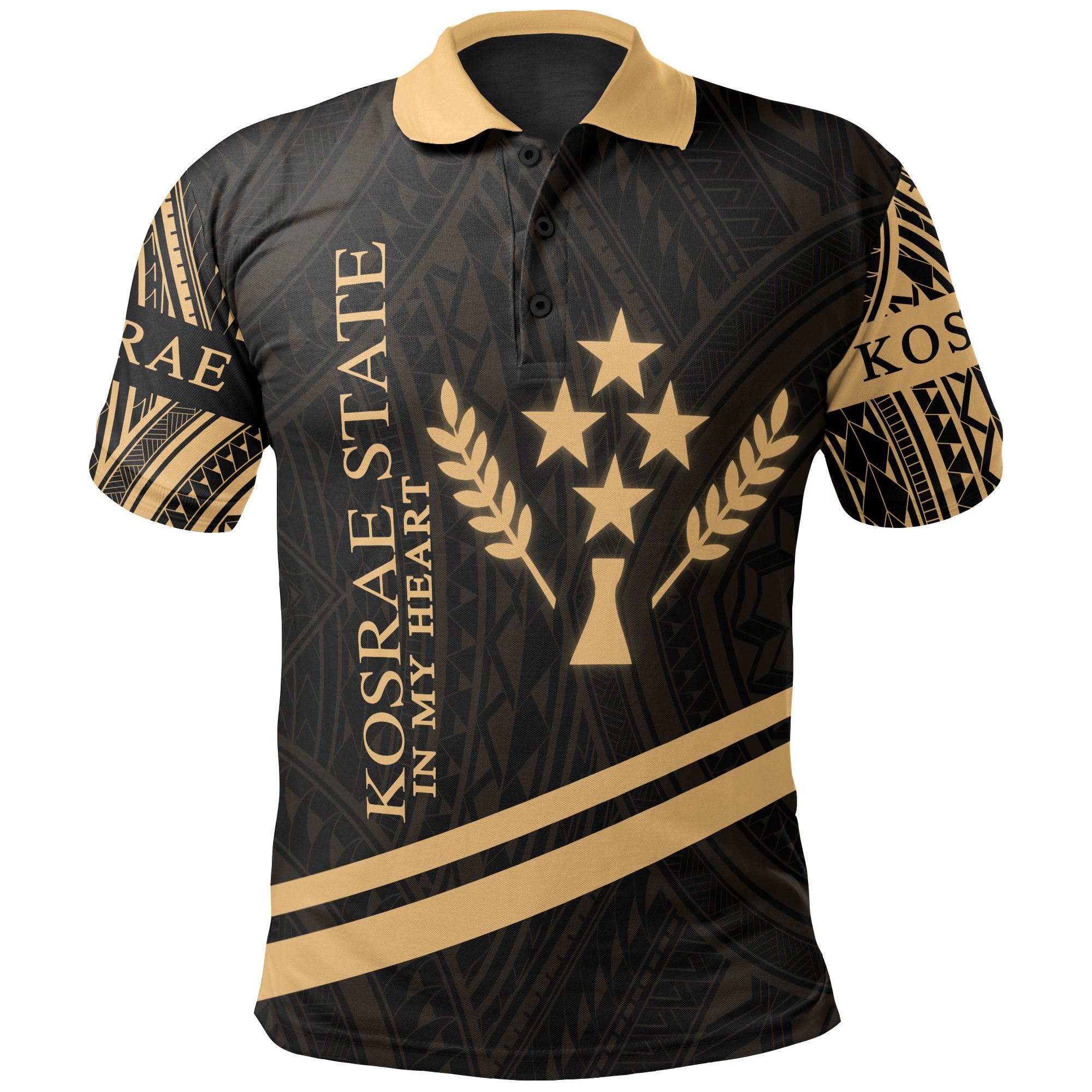 Kosrae State Polo Shirt In My Heart Style Gold Polynesian Patterns Unisex Black - Polynesian Pride