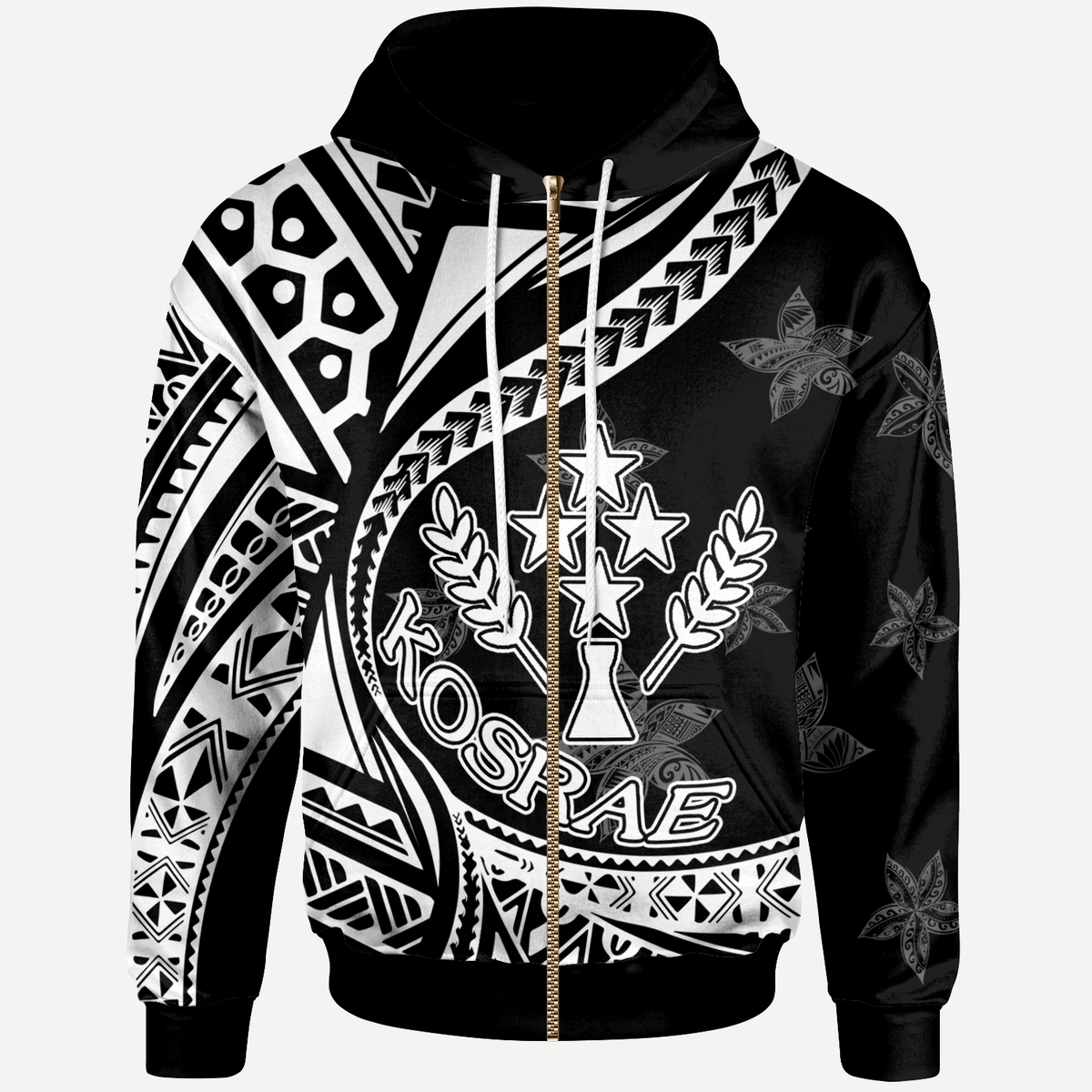 Kosrae Zip Hoodie Plumeria Flowers White Version Unisex Black - Polynesian Pride