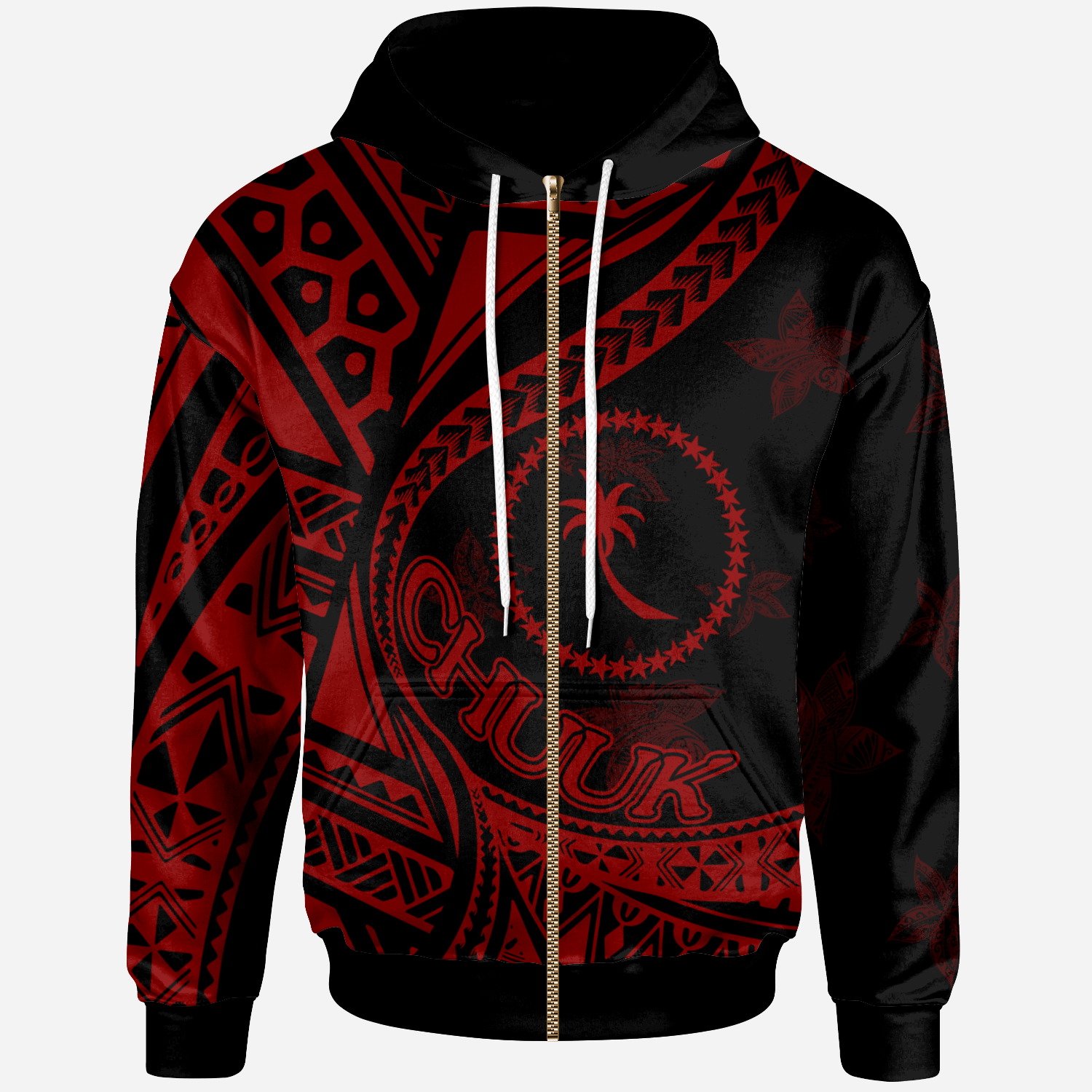 Chuuk Zip Hoodie Plumeria Flowers Red Version Unisex Black - Polynesian Pride