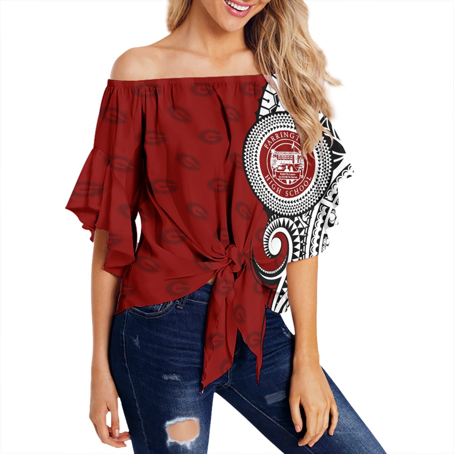 (Personalised) Hawaii - Farrington High Tribal Kakau Off Shoulder Waist Wrap Top AH Female Red - Polynesian Pride