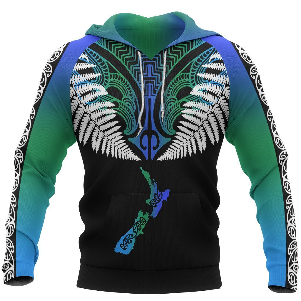 New Zealand Maori Hoodie, Silver Fern Poutama Pullover Hoodie Unisex Black - Polynesian Pride