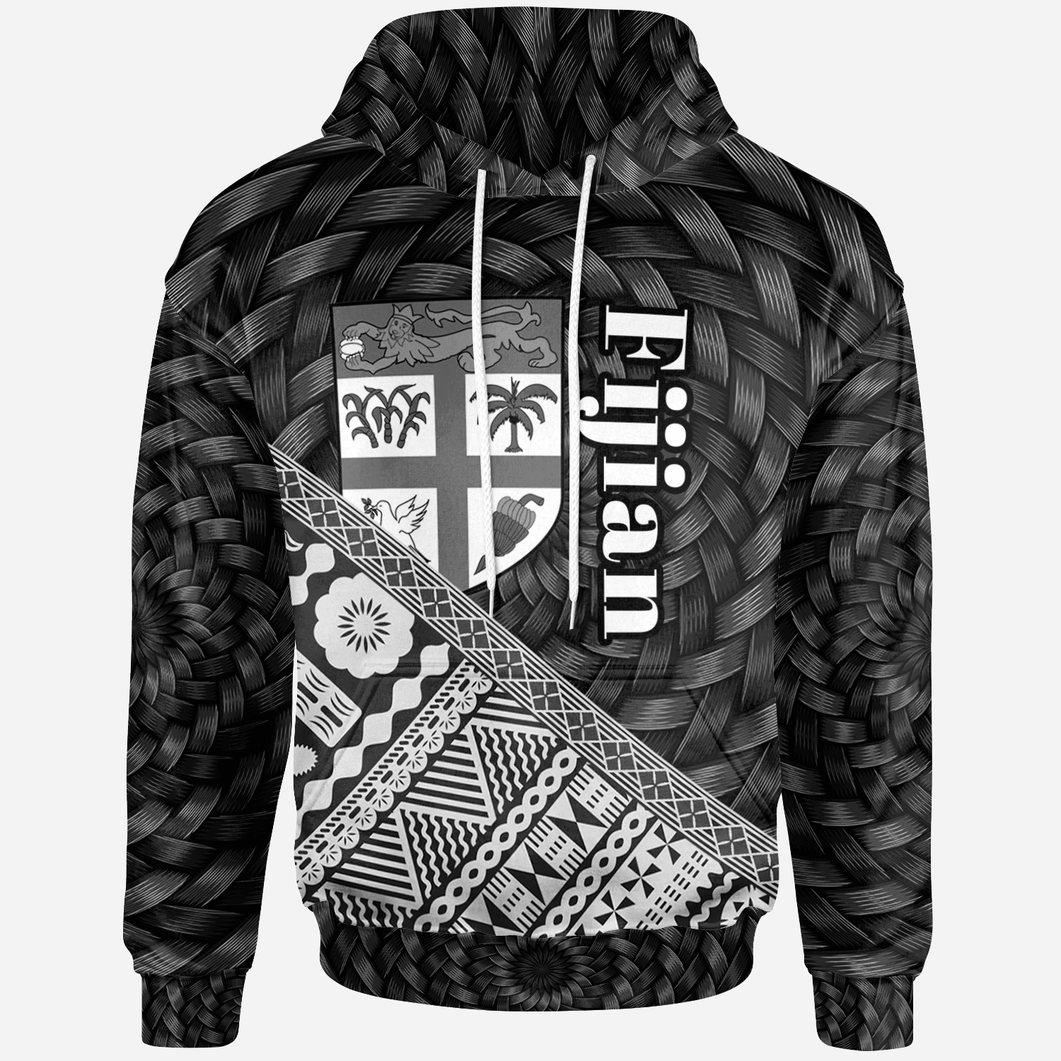 Fiji Hoodie Black Tapa Patterns With Bamboo Unisex Black - Polynesian Pride