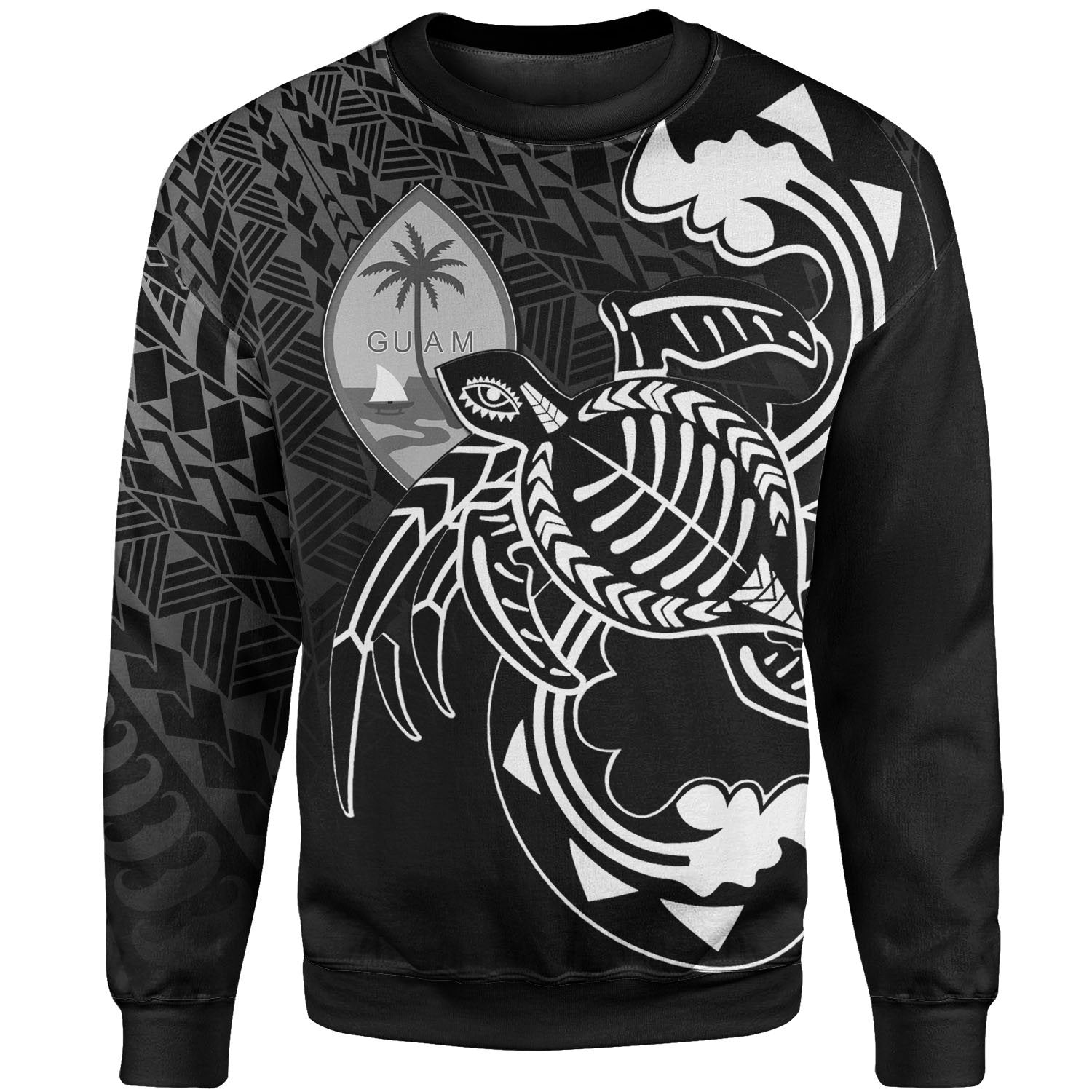 Guam Sweatshirt - Turtle With Polynesian Waves Unisex Black - Polynesian Pride