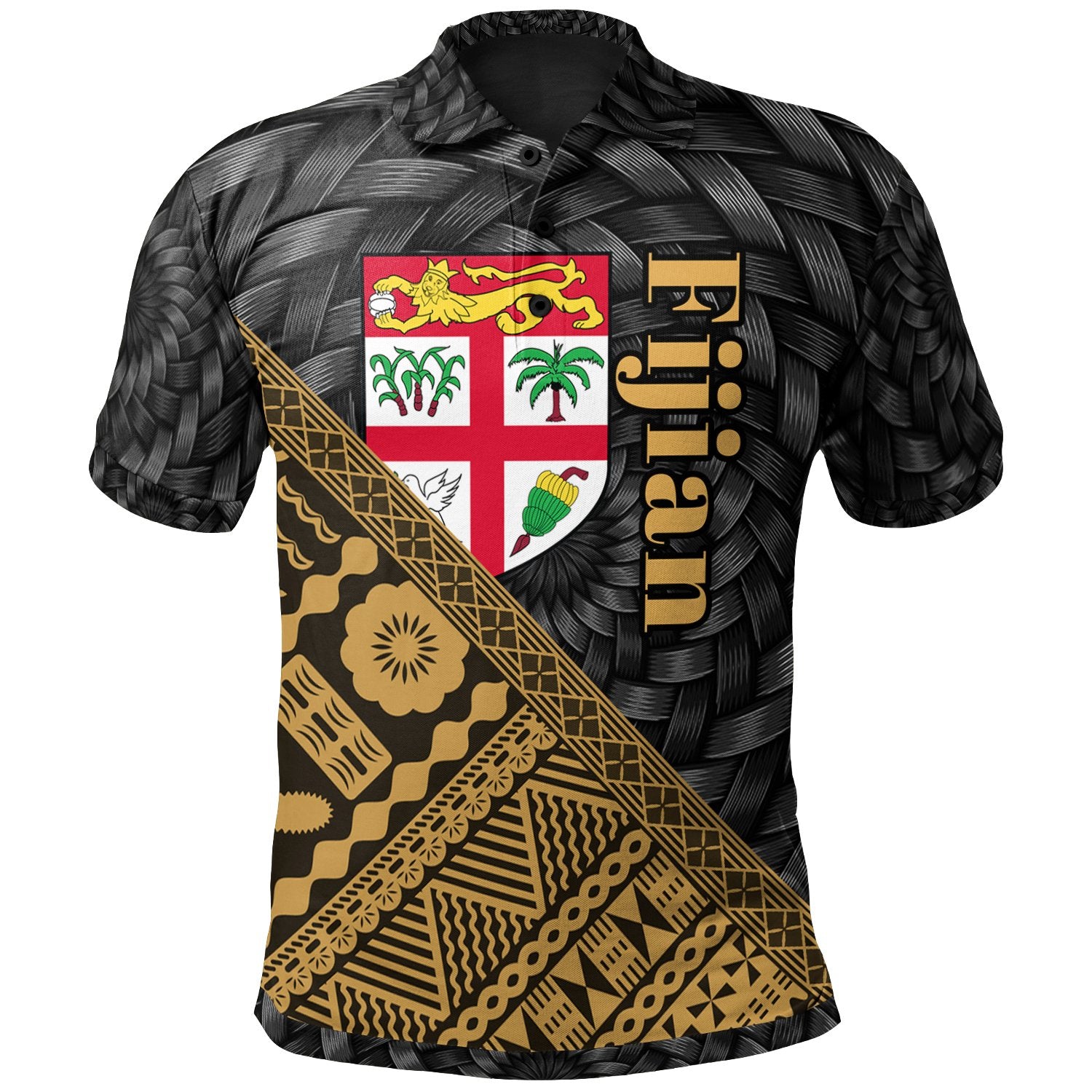 Fiji Polo Shirt Gold Tapa Patterns With Bamboo Unisex Black - Polynesian Pride