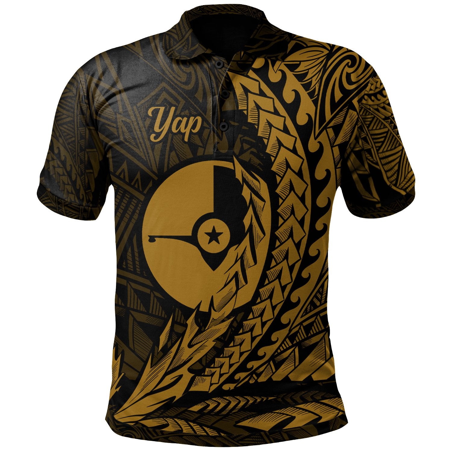 Yap State Polo Shirt Gold Wings Style Unisex Black - Polynesian Pride