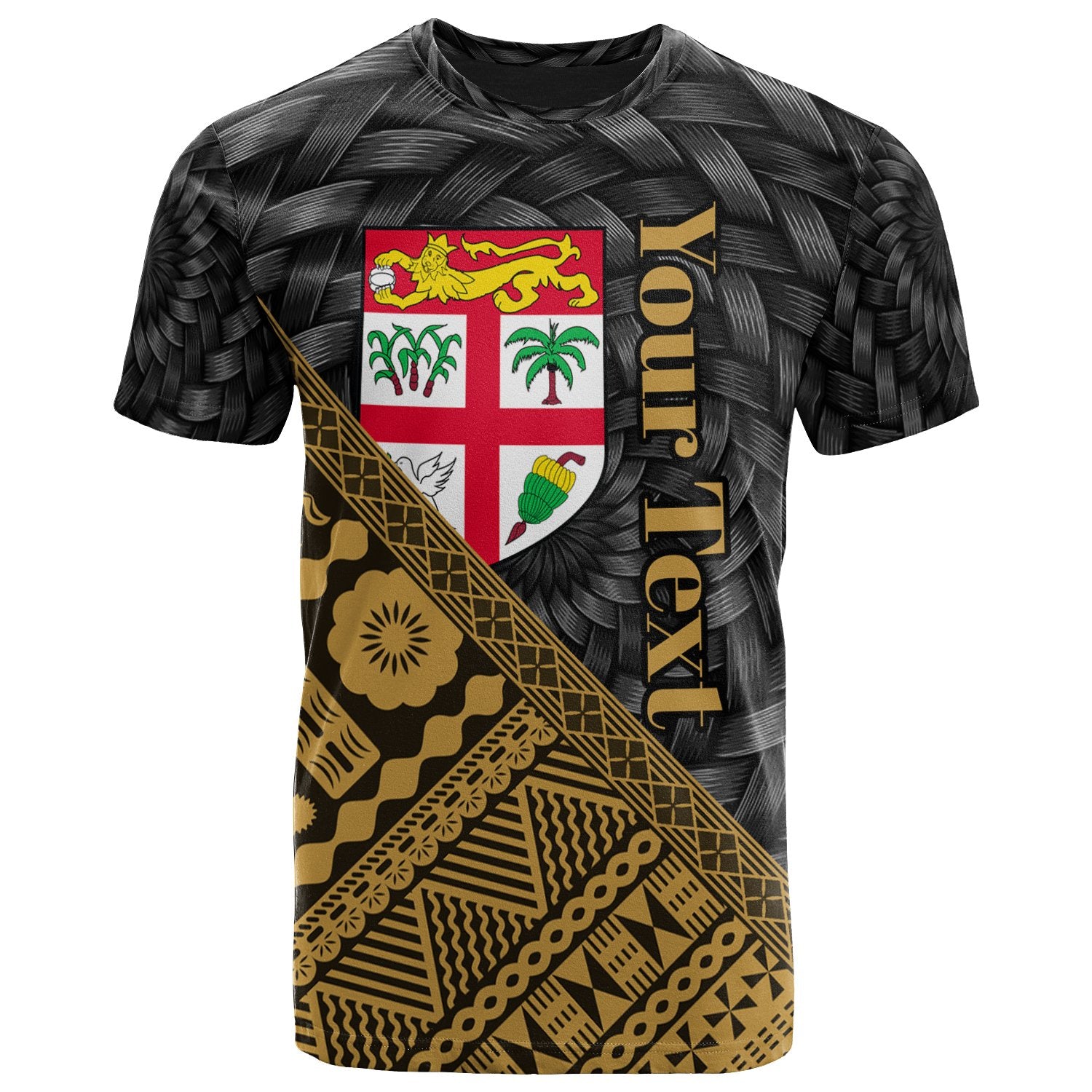 Fiji T Shirt Custom Gold Tapa Patterns With Bamboo Unisex Black - Polynesian Pride