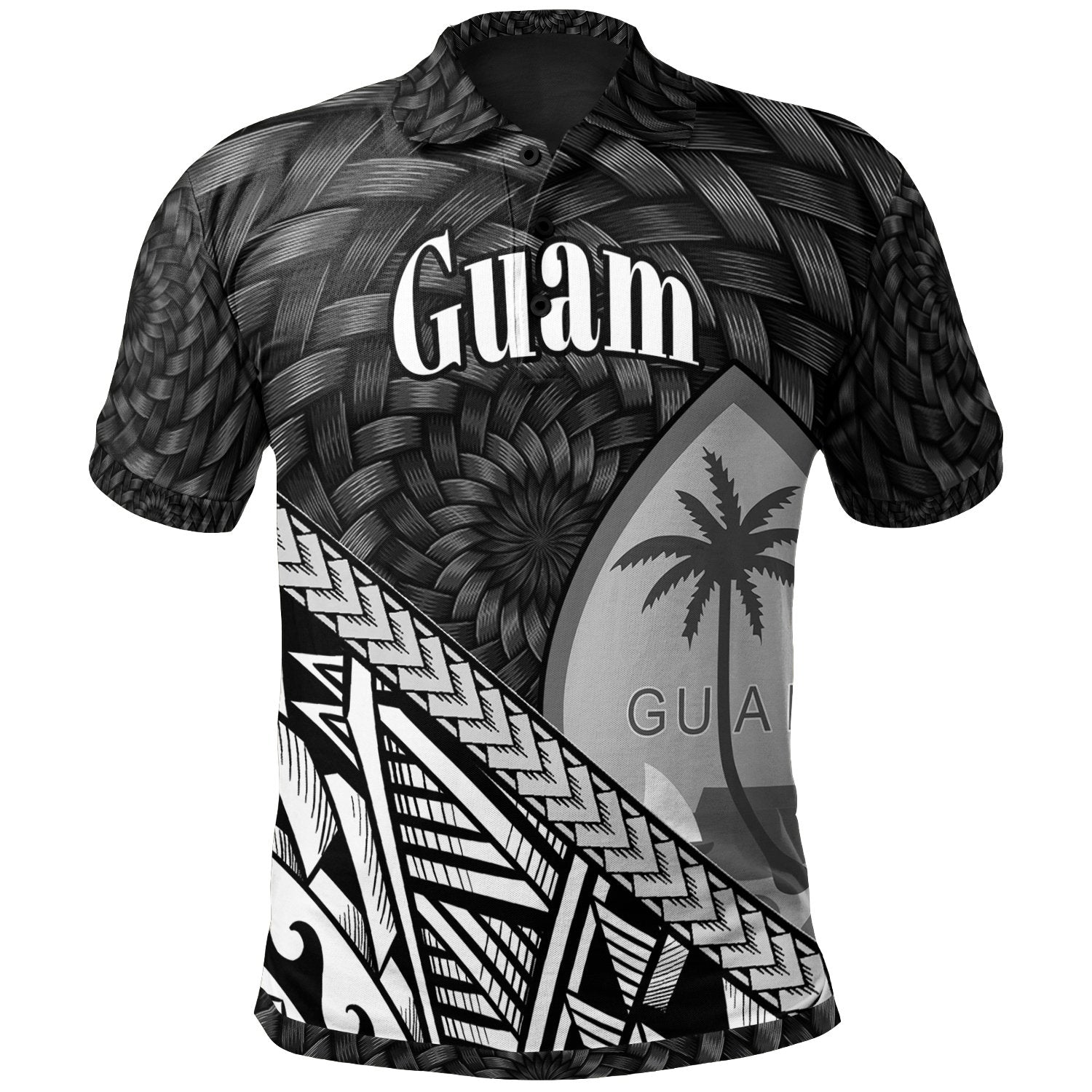 Guam Polo Shirt Black Tapa Patterns With Bamboo Unisex Black - Polynesian Pride