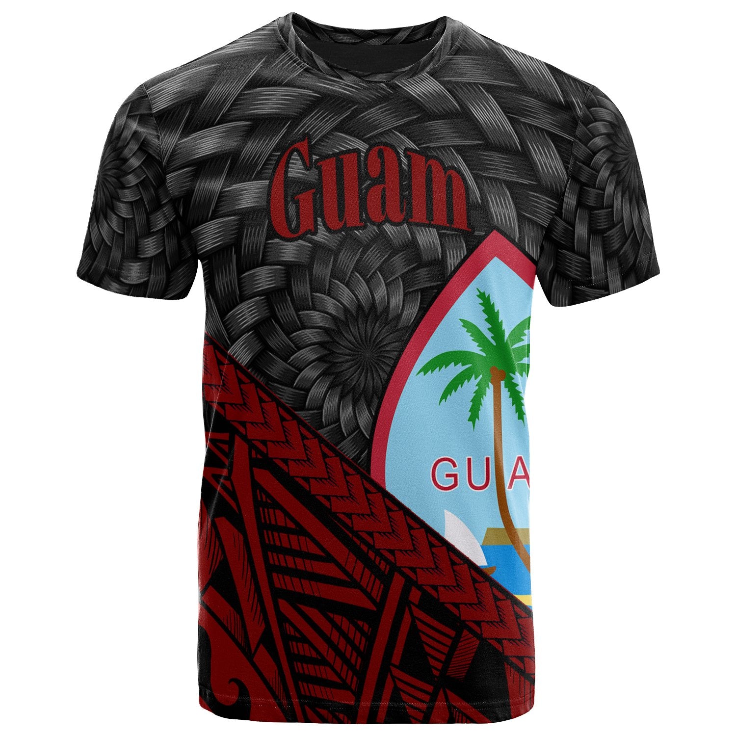 Guam T Shirt Red Tapa Patterns With Bamboo Unisex Black - Polynesian Pride