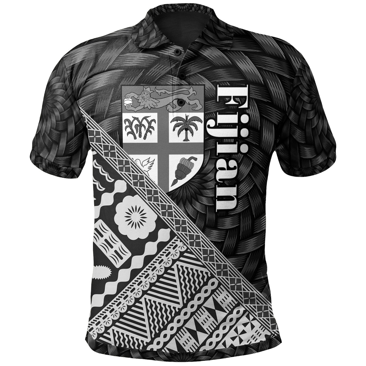 Fiji Polo Shirt Black Tapa Patterns With Bamboo Unisex Black - Polynesian Pride