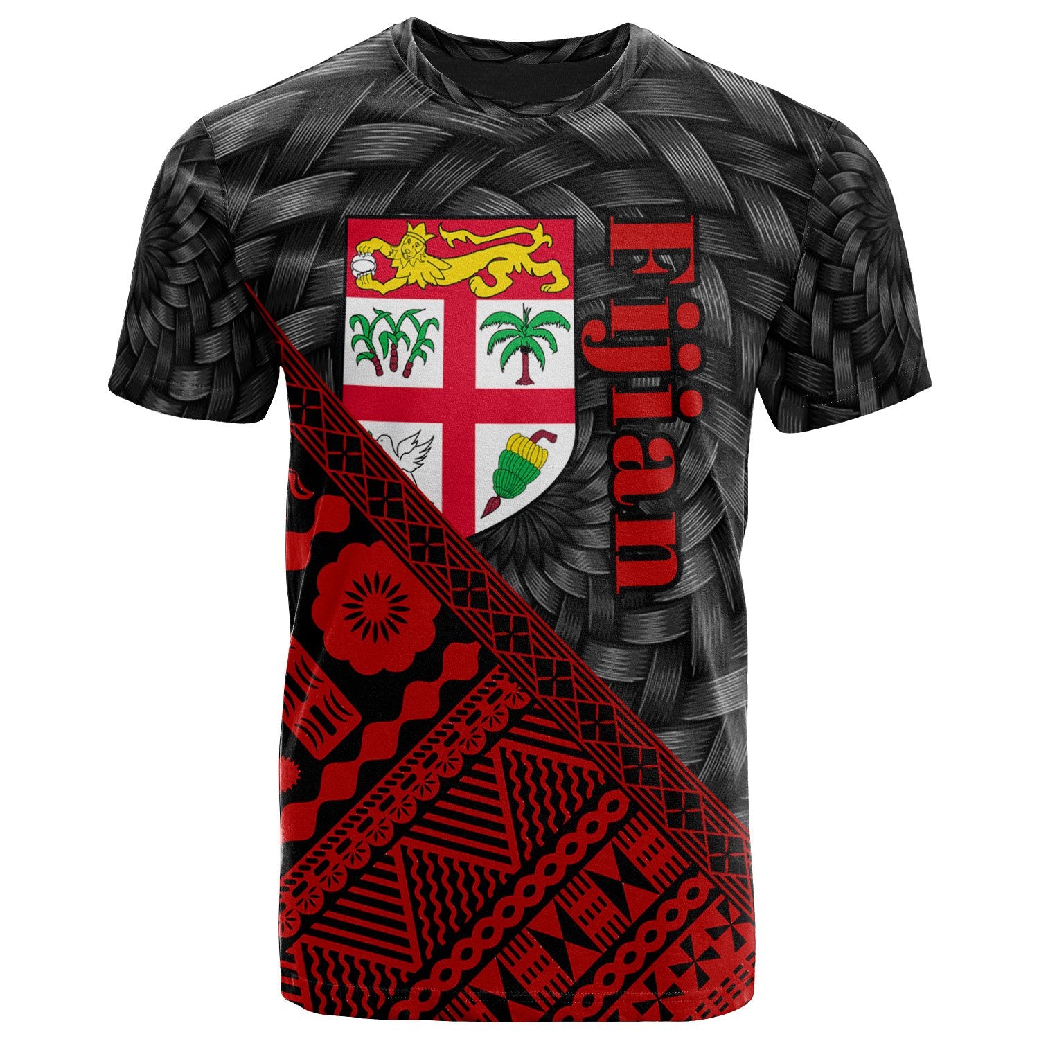 Fiji T Shirt Red Tapa Patterns With Bamboo Unisex Black - Polynesian Pride