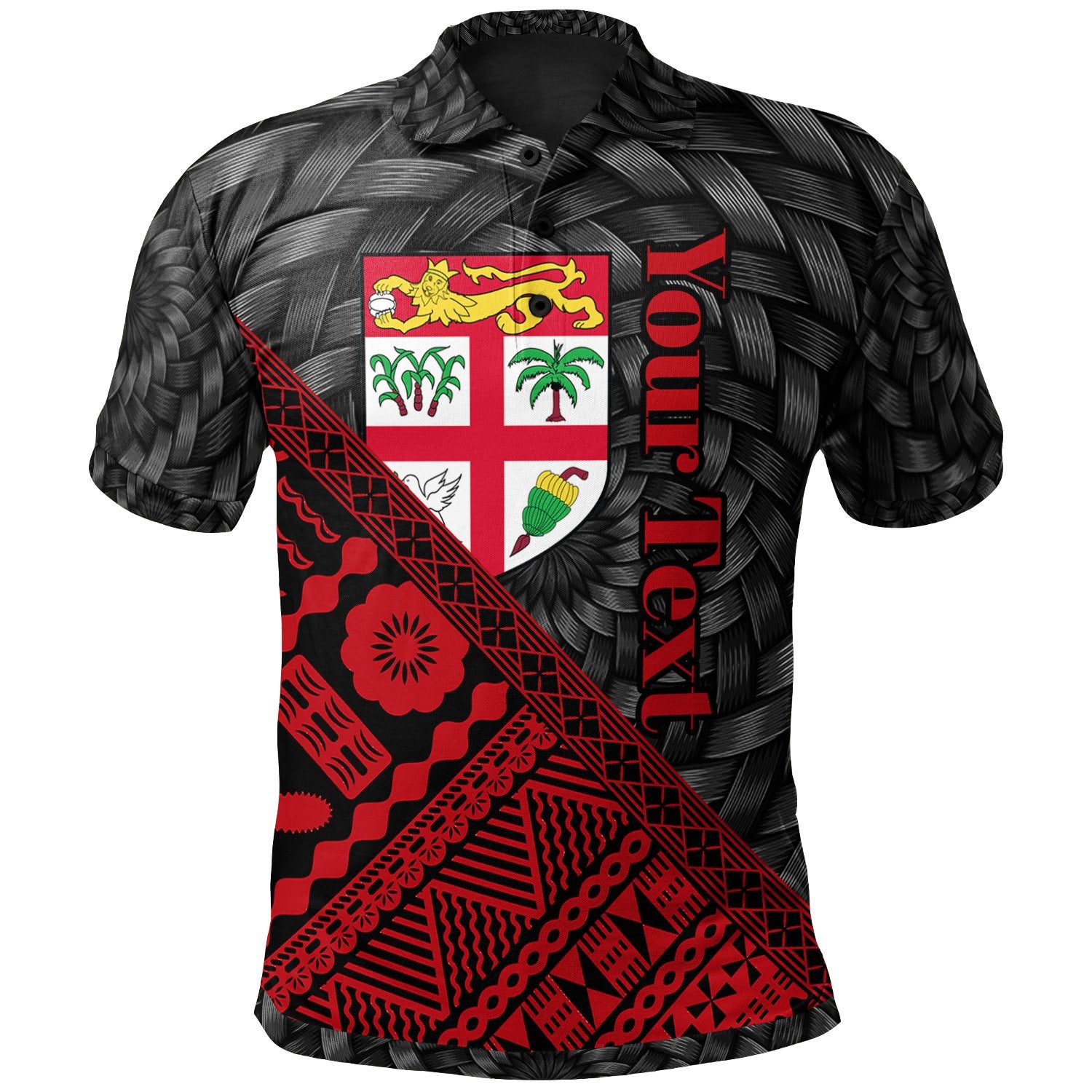 Fiji Polo Shirt Custom Red Tapa Patterns With Bamboo Unisex Black - Polynesian Pride