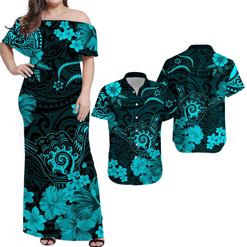 Hawaii Matching Dress and Hawaiian Shirt Polynesia Turquoise Cool Shaka Sign LT13 Turquoise - Polynesian Pride